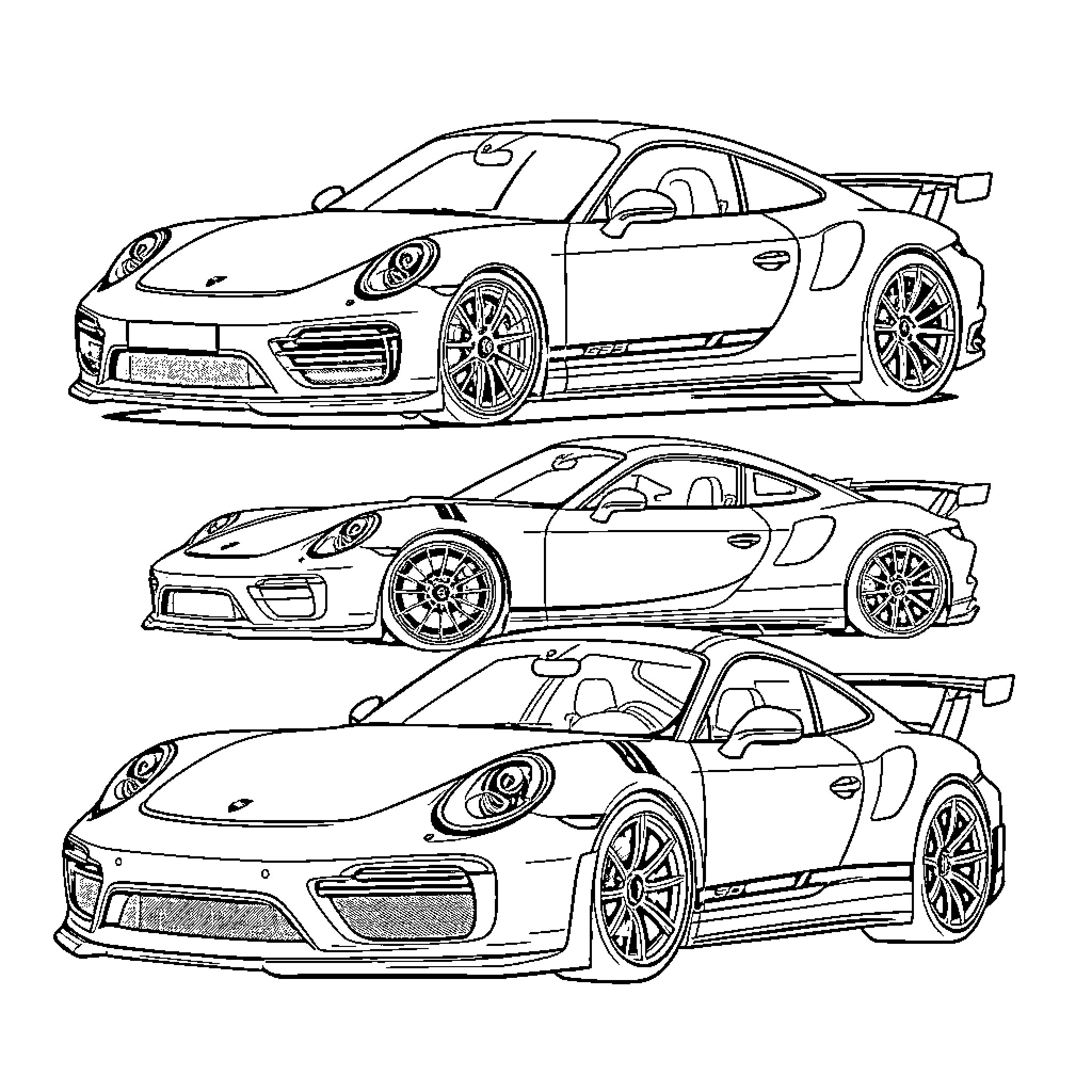 Porsche racing cars in various poses Coloring Page (free black-and-white line drawing printable PDF for all, from beginners to advanced learners, including children, teens, adults, and seniors)