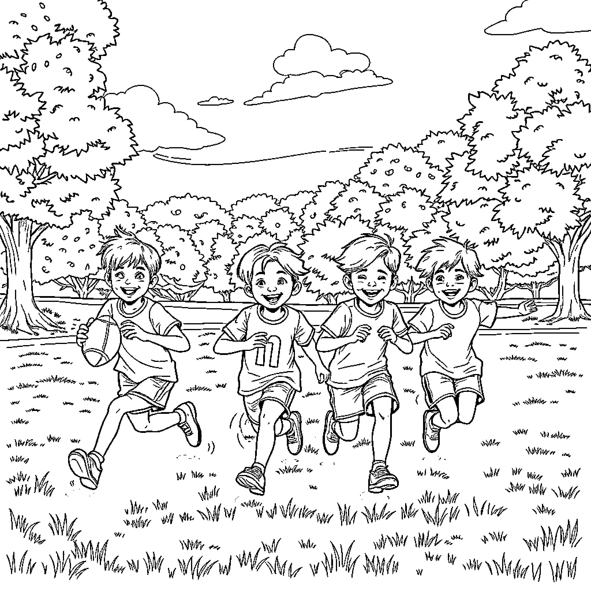 Kid's Fun Outdoor Adventure with Friends Coloring Page (free black-and-white line drawing printable PDF for all, from beginners to advanced learners, including children, teens, adults, and seniors)