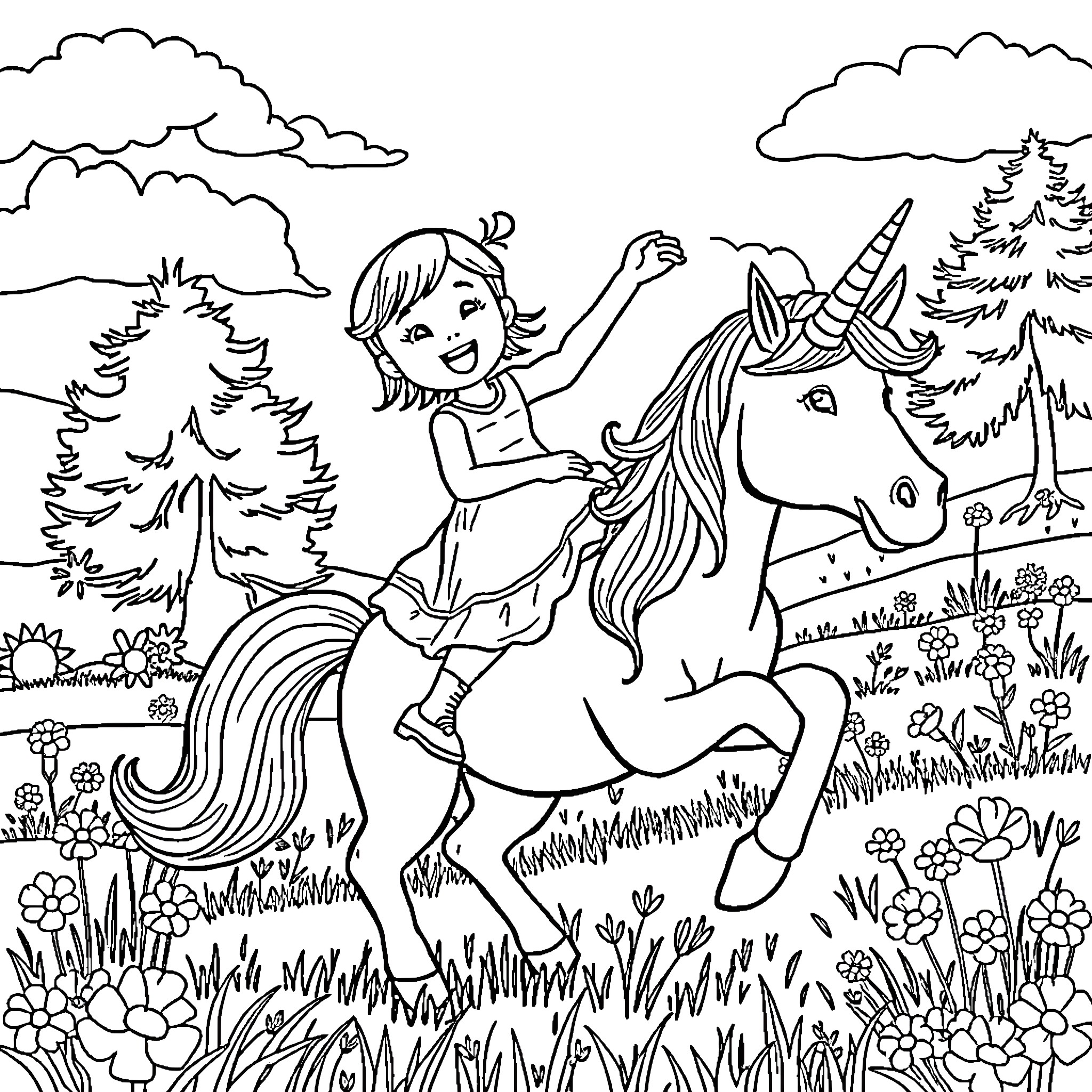 Girl riding a unicorn in a magical forest Coloring Page (free black-and-white line drawing printable PDF for all, from beginners to advanced learners, including children, teens, adults, and seniors)