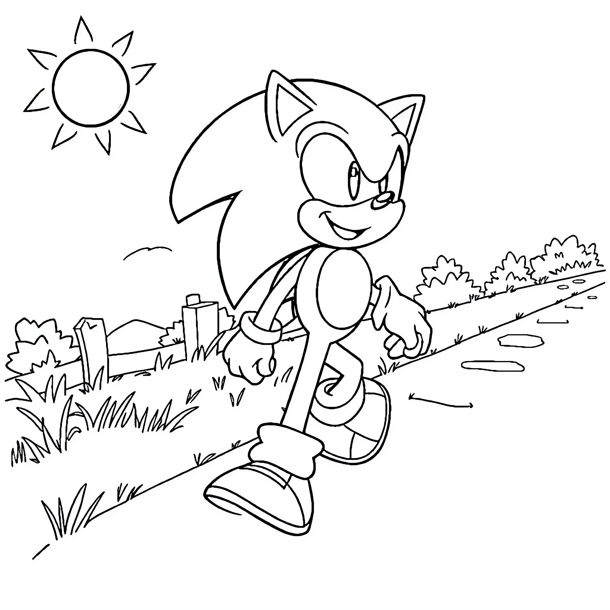 Sonic running through a scenic outdoor landscape Coloring Page (free black-and-white line drawing printable PDF for all, from beginners to advanced learners, including children, teens, adults, and seniors)