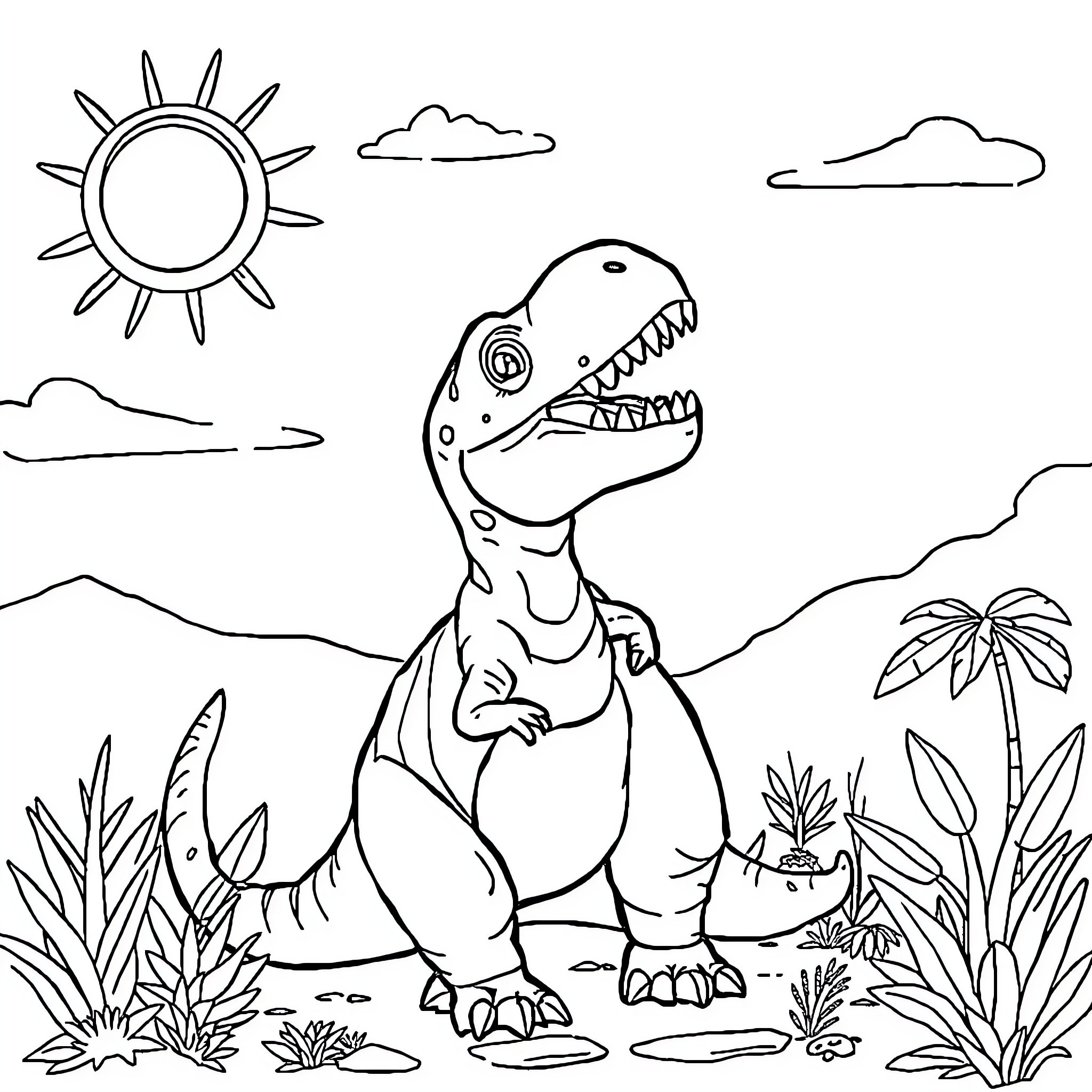 Dinosaur roaming in tropical landscape Coloring Page (free black-and-white line drawing printable PDF for all, from beginners to advanced learners, including children, teens, adults, and seniors)