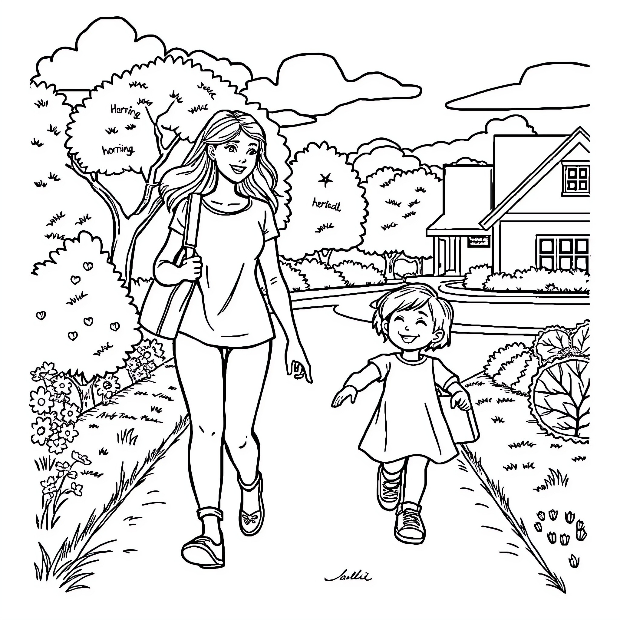 Mother and child walking outdoors in nature Coloring Page (free black-and-white line drawing printable PDF for all, from beginners to advanced learners, including children, teens, adults, and seniors)