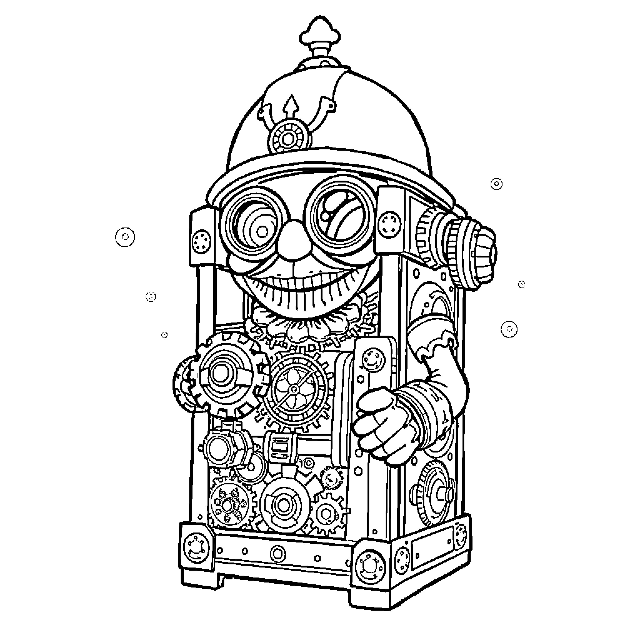 Jack-in-the-Box with Whimsical Mechanical Design Coloring Page (free black-and-white line drawing printable PDF for all, from beginners to advanced learners, including children, teens, adults, and seniors)