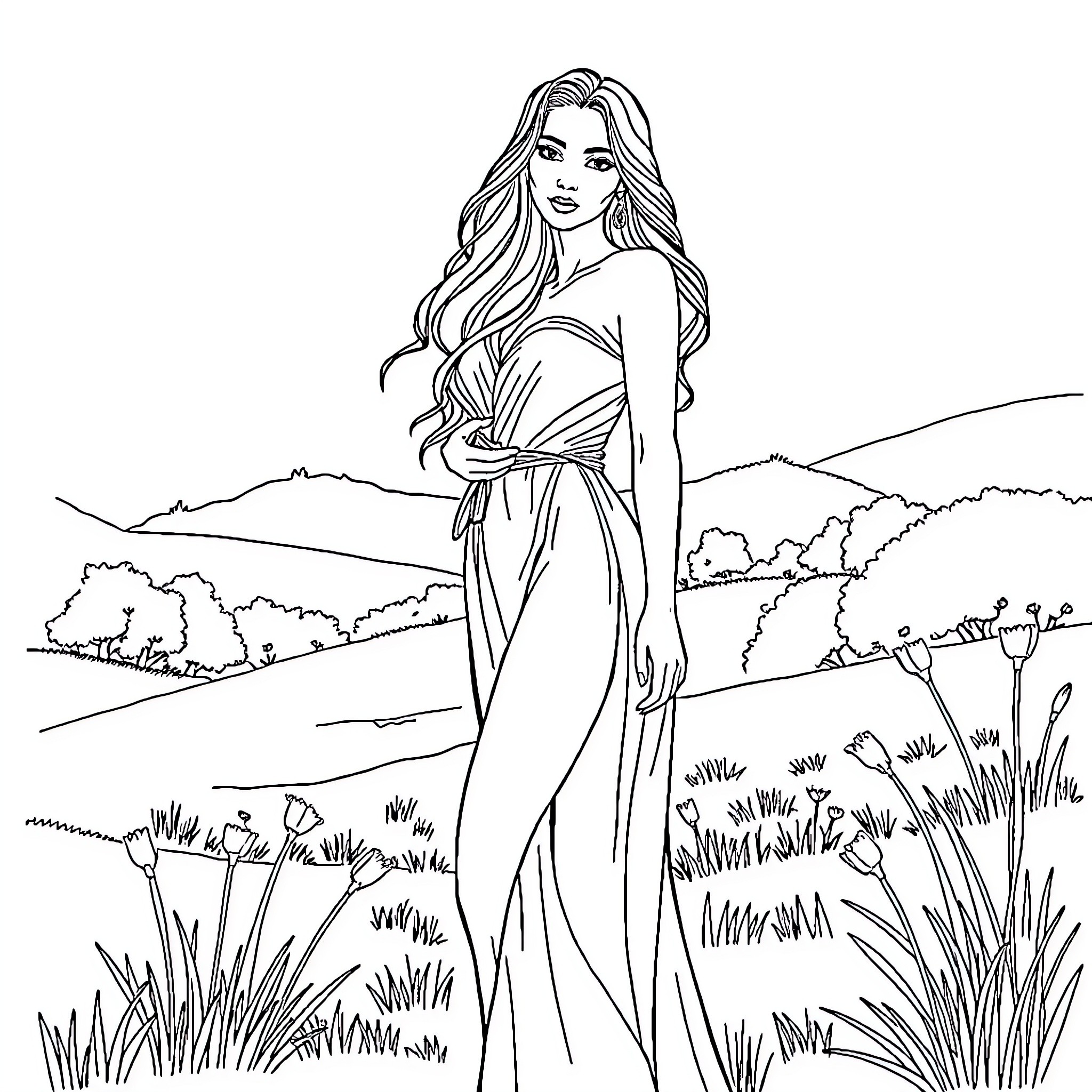 Woman admiring the scenic landscape Coloring Page (free black-and-white line drawing printable PDF for all, from beginners to advanced learners, including children, teens, adults, and seniors)