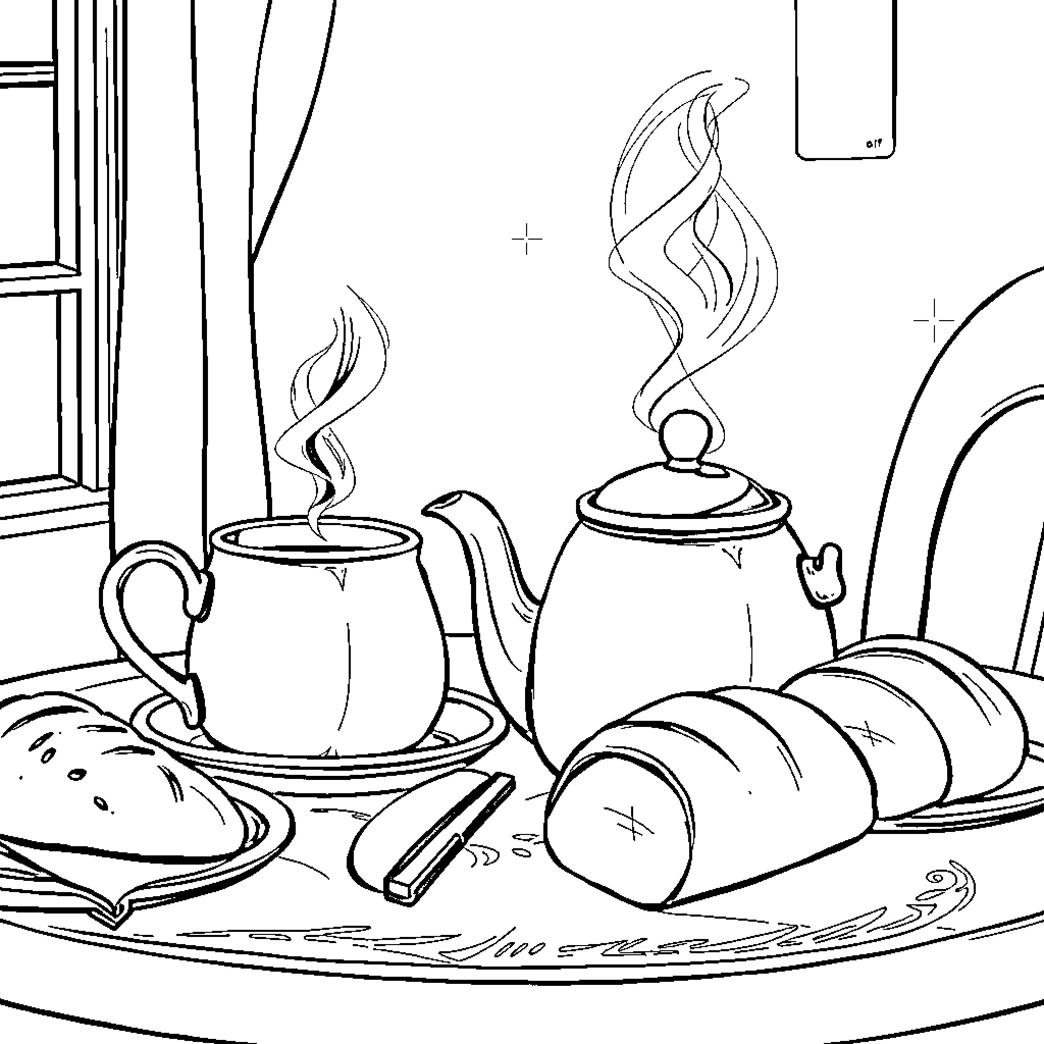 Tea and Bread with Steaming Teapots and Fresh Loaves Coloring Page (free black-and-white line drawing printable PDF for all, from beginners to advanced learners, including children, teens, adults, and seniors)
