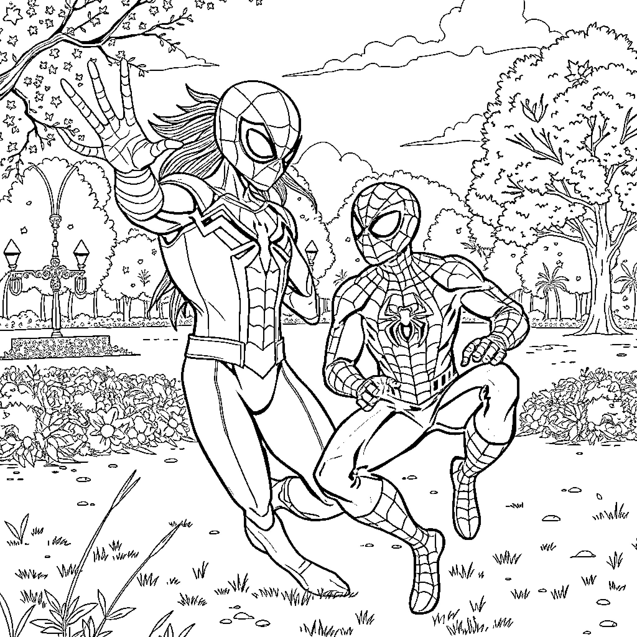 Stegosaurus superheroes explore the park Coloring Page (free black-and-white line drawing printable PDF for all, from beginners to advanced learners, including children, teens, adults, and seniors)