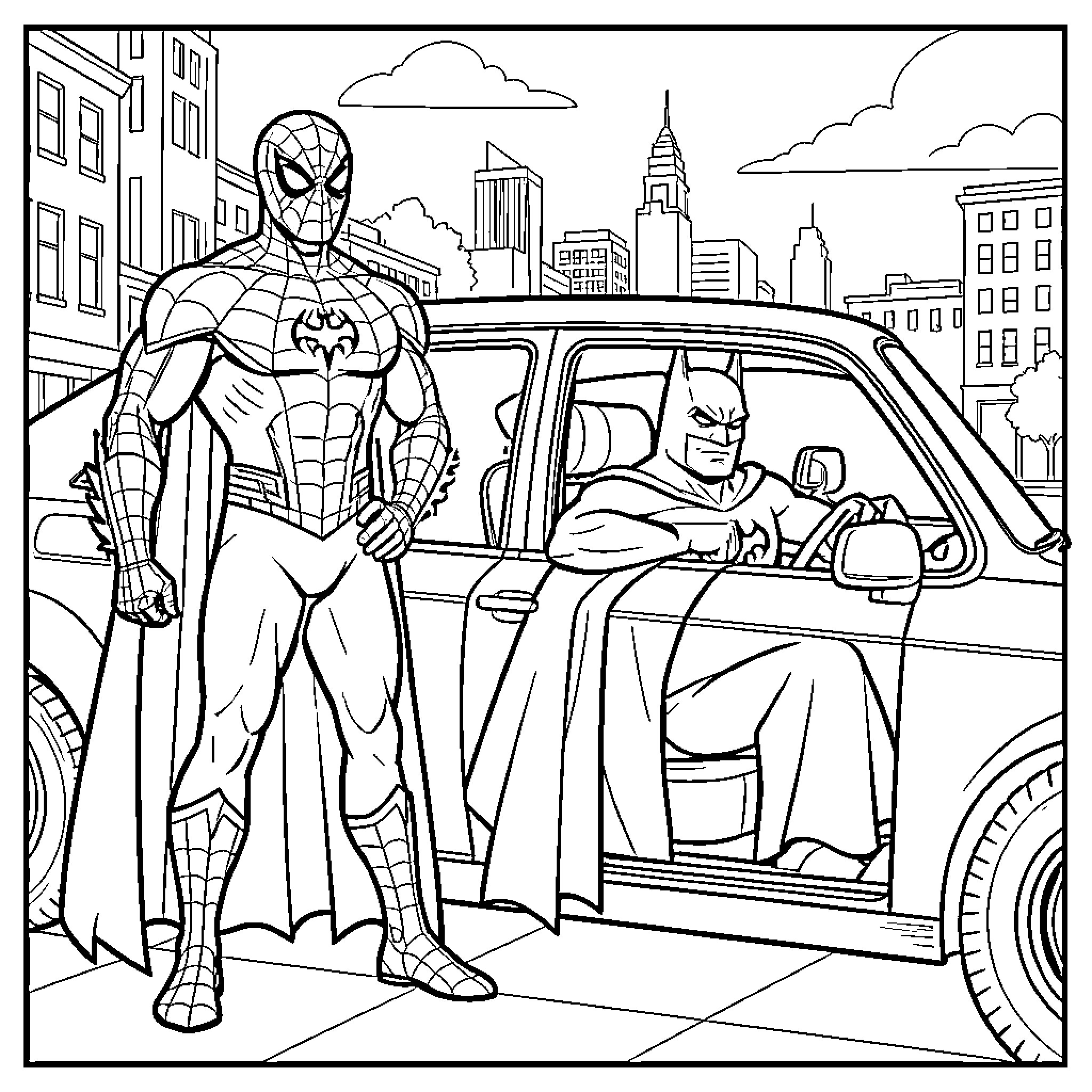 Spiderman and superhero standing by a car in the city Coloring Page (free black-and-white line drawing printable PDF for all, from beginners to advanced learners, including children, teens, adults, and seniors)