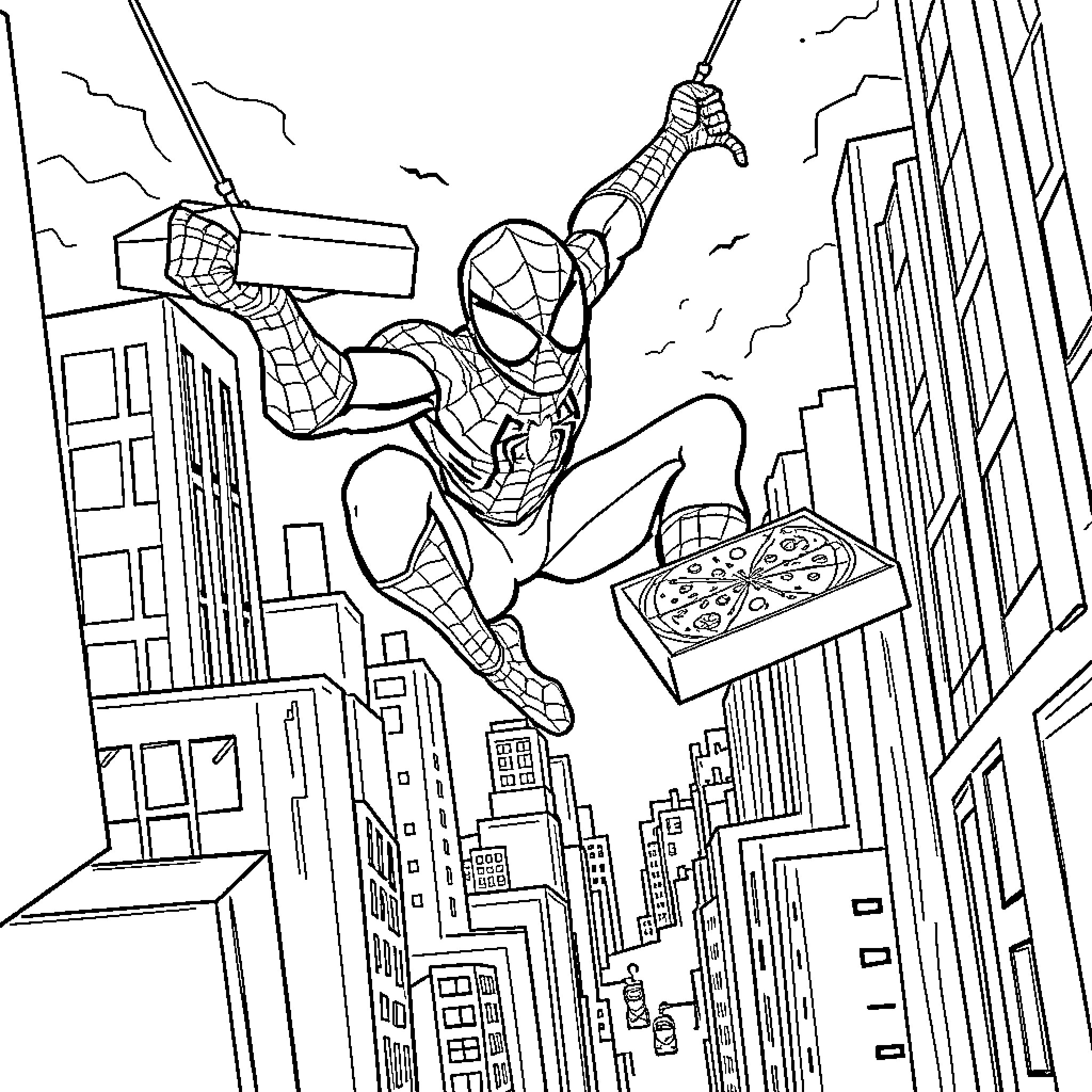 Spiderman swinging through the city with a pizza Coloring Page (free black-and-white line drawing printable PDF for all, from beginners to advanced learners, including children, teens, adults, and seniors)