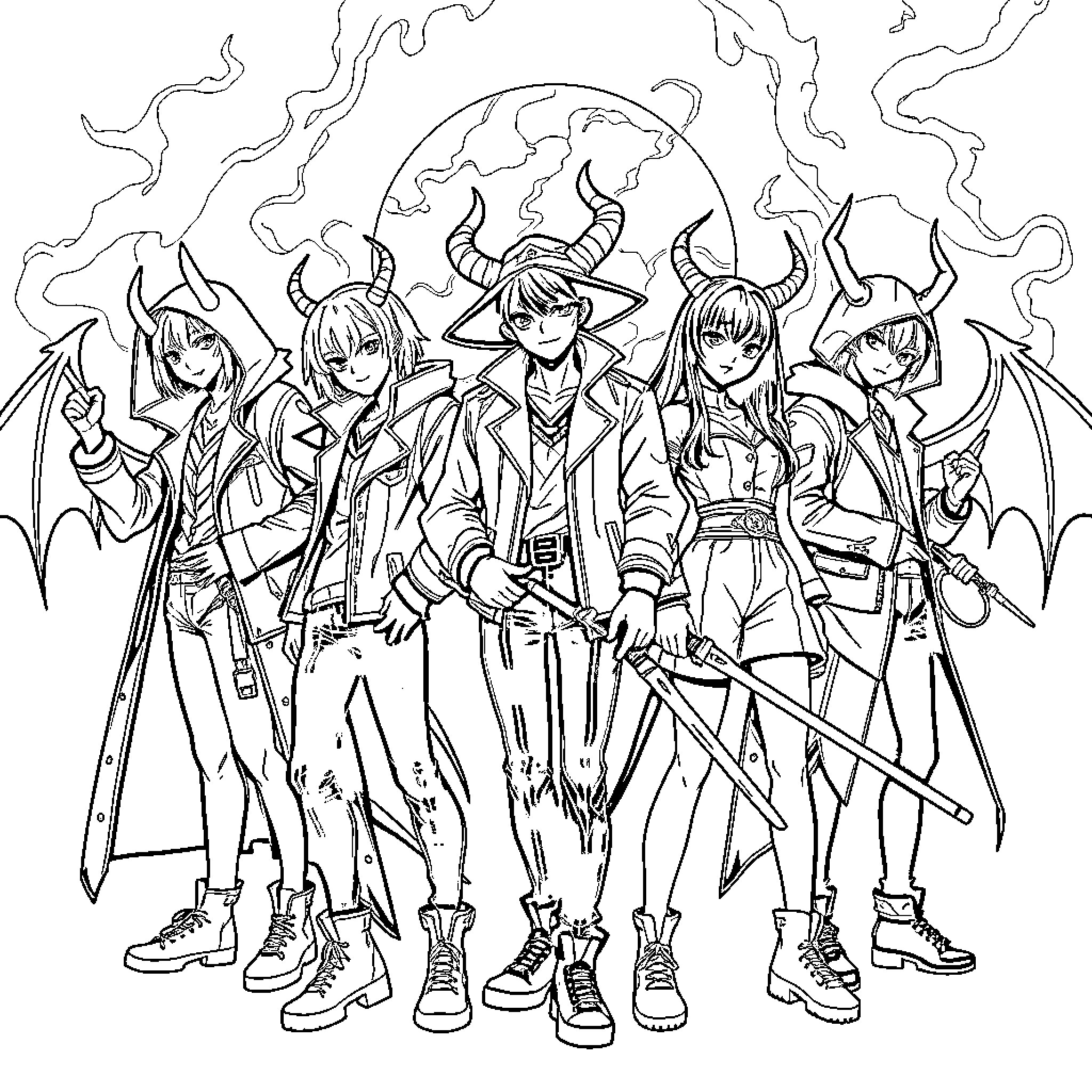 Demon Hunter Crew Battling Supernatural Forces Coloring Page (free black-and-white line drawing printable PDF for all, from beginners to advanced learners, including children, teens, adults, and seniors)