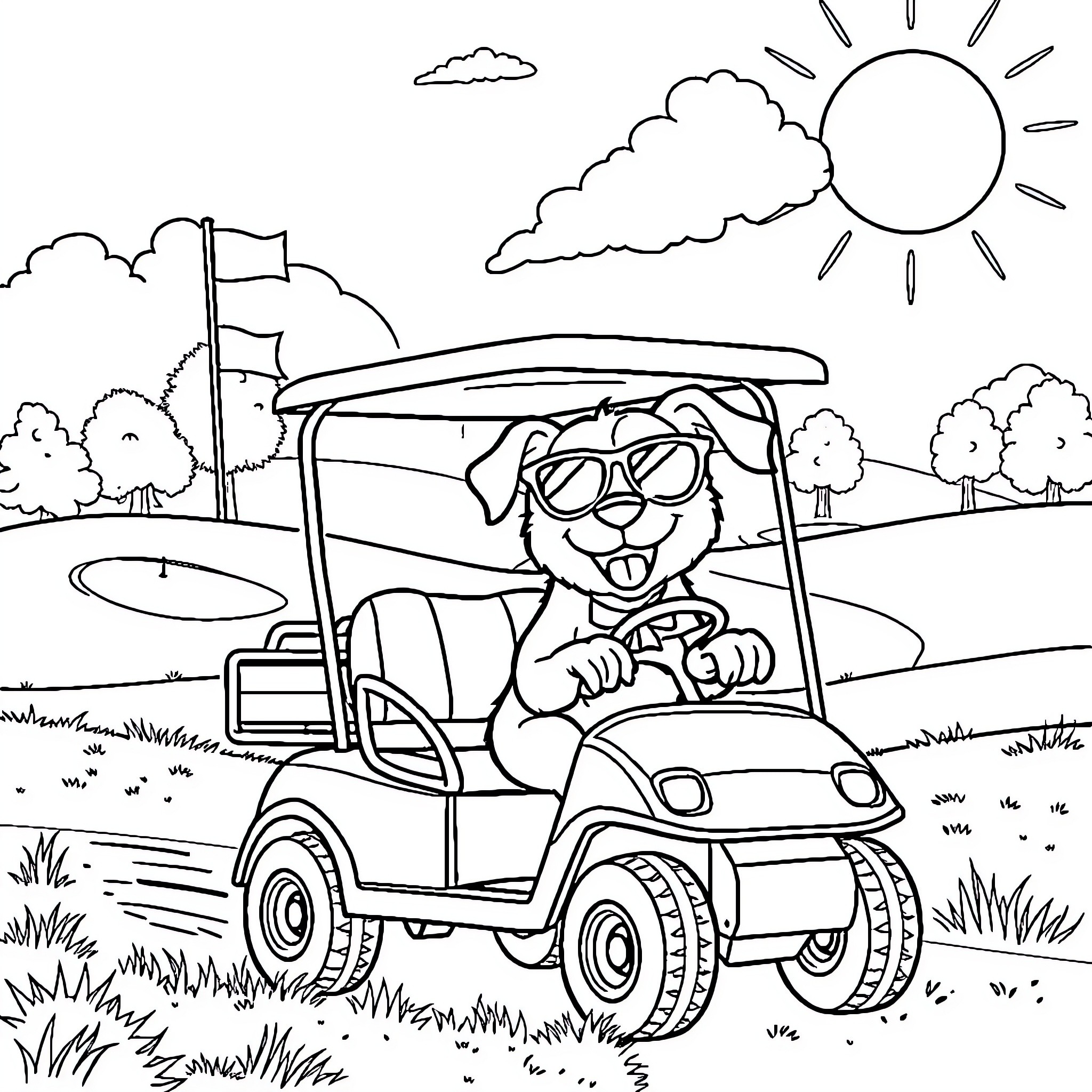 Dog riding happily in golf cart on sunny day Coloring Page (free black-and-white line drawing printable PDF for all, from beginners to advanced learners, including children, teens, adults, and seniors)