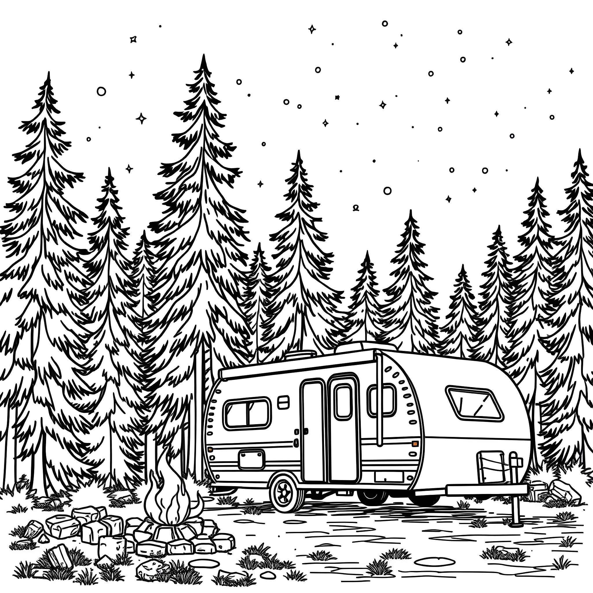 Trailer for Winter Camping Adventure in the Snowy Forest Coloring Page (free black-and-white line drawing printable PDF for all, from beginners to advanced learners, including children, teens, adults, and seniors)