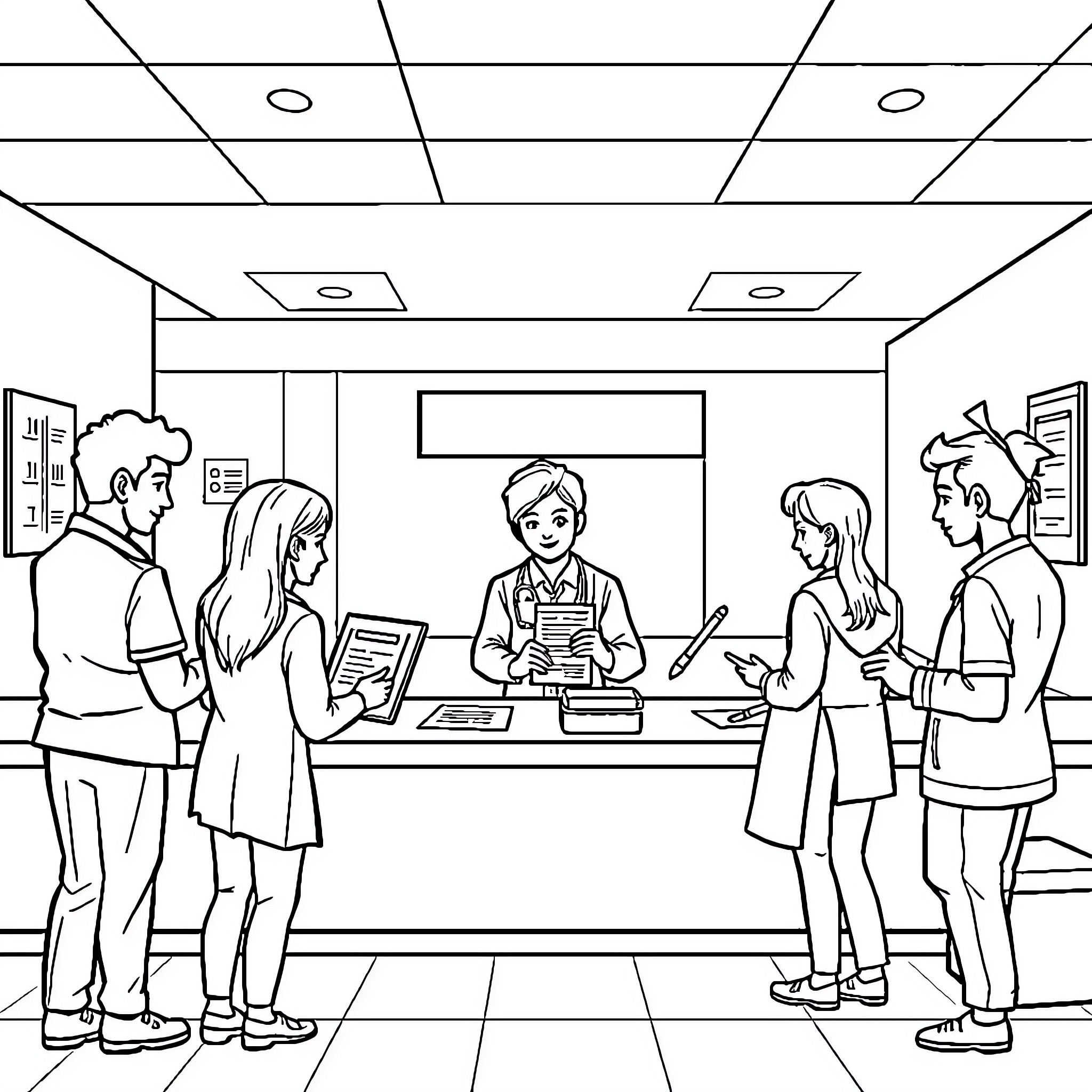 Patient awaits medical assistance in clinic Coloring Page (free black-and-white line drawing printable PDF for all, from beginners to advanced learners, including children, teens, adults, and seniors)