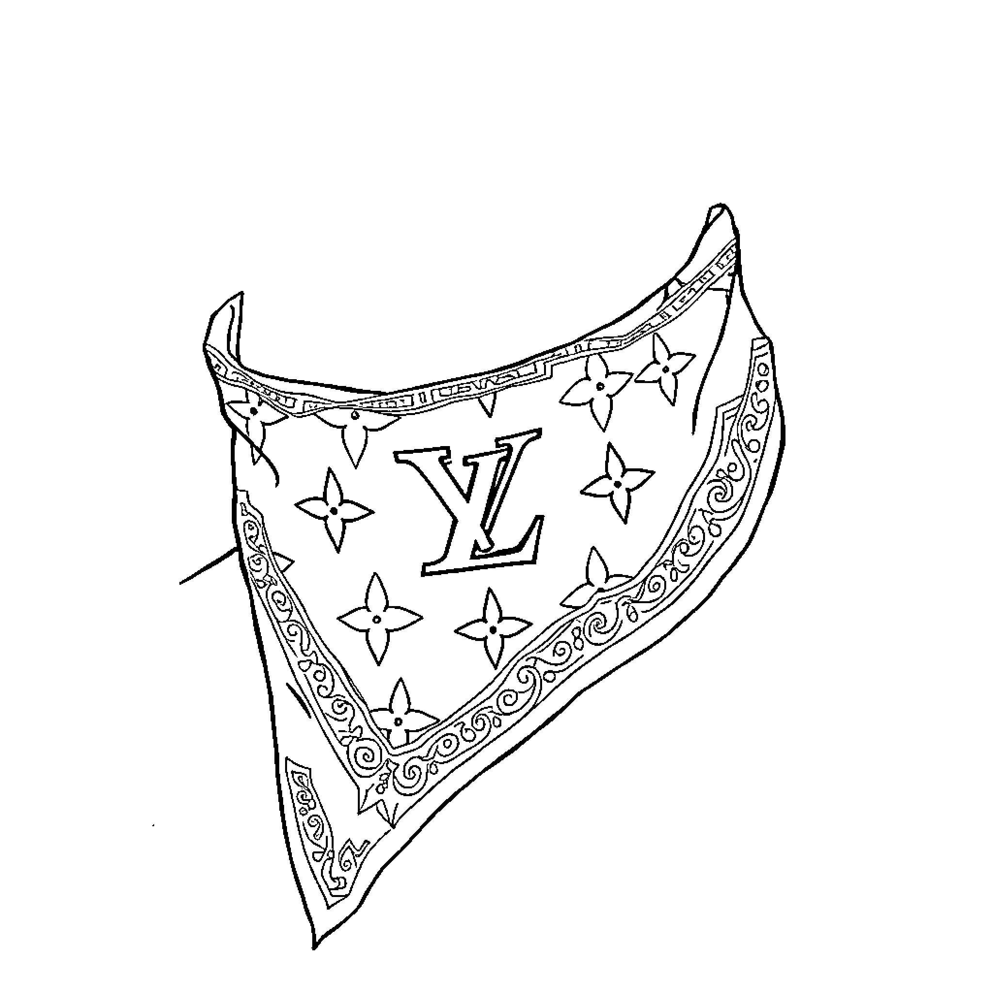 Bandana with stylized floral and monogram design Coloring Page (free black-and-white line drawing printable PDF for all, from beginners to advanced learners, including children, teens, adults, and seniors)