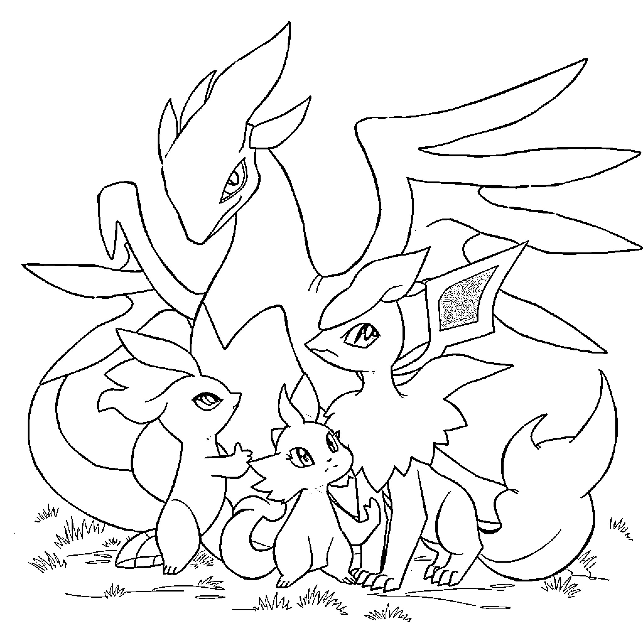 Lugia and Pokemon Family in the Meadow Coloring Page (free black-and-white line drawing printable PDF for all, from beginners to advanced learners, including children, teens, adults, and seniors)