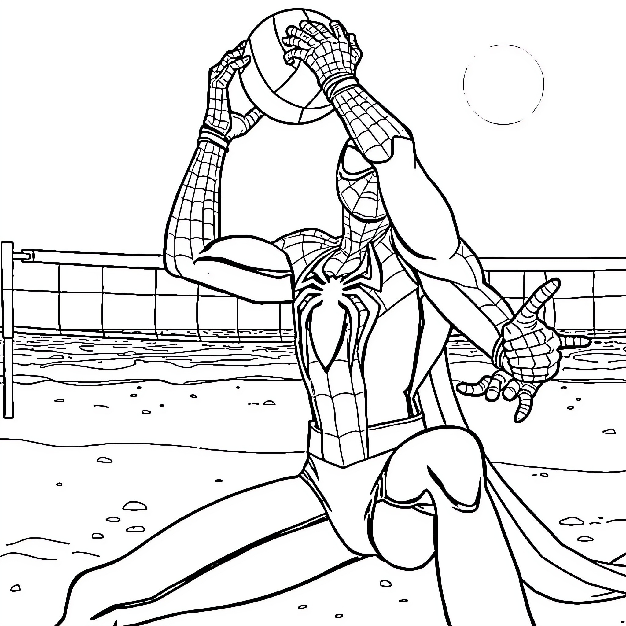 Spiderman swinging and posing on the beach Coloring Page (free black-and-white line drawing printable PDF for all, from beginners to advanced learners, including children, teens, adults, and seniors)