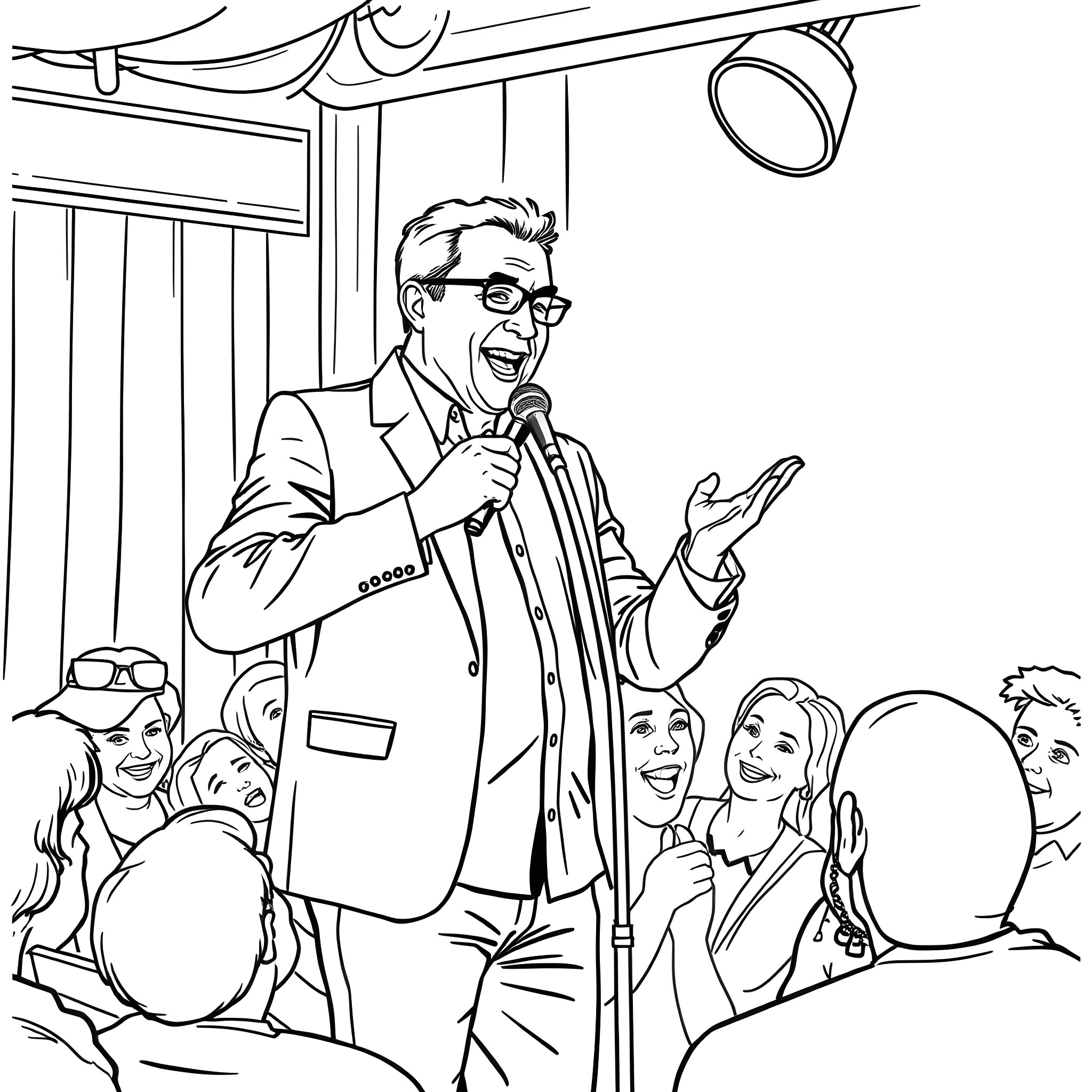 Rick Lemieux entertaining an enthusiastic audience Coloring Page (free black-and-white line drawing printable PDF for all, from beginners to advanced learners, including children, teens, adults, and seniors)