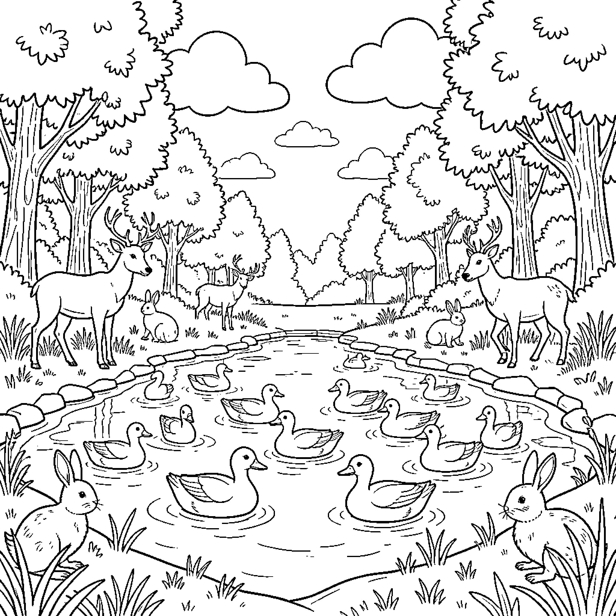 Duck family swimming in the pond Coloring Page (free black-and-white line drawing printable PDF for all, from beginners to advanced learners, including children, teens, adults, and seniors)