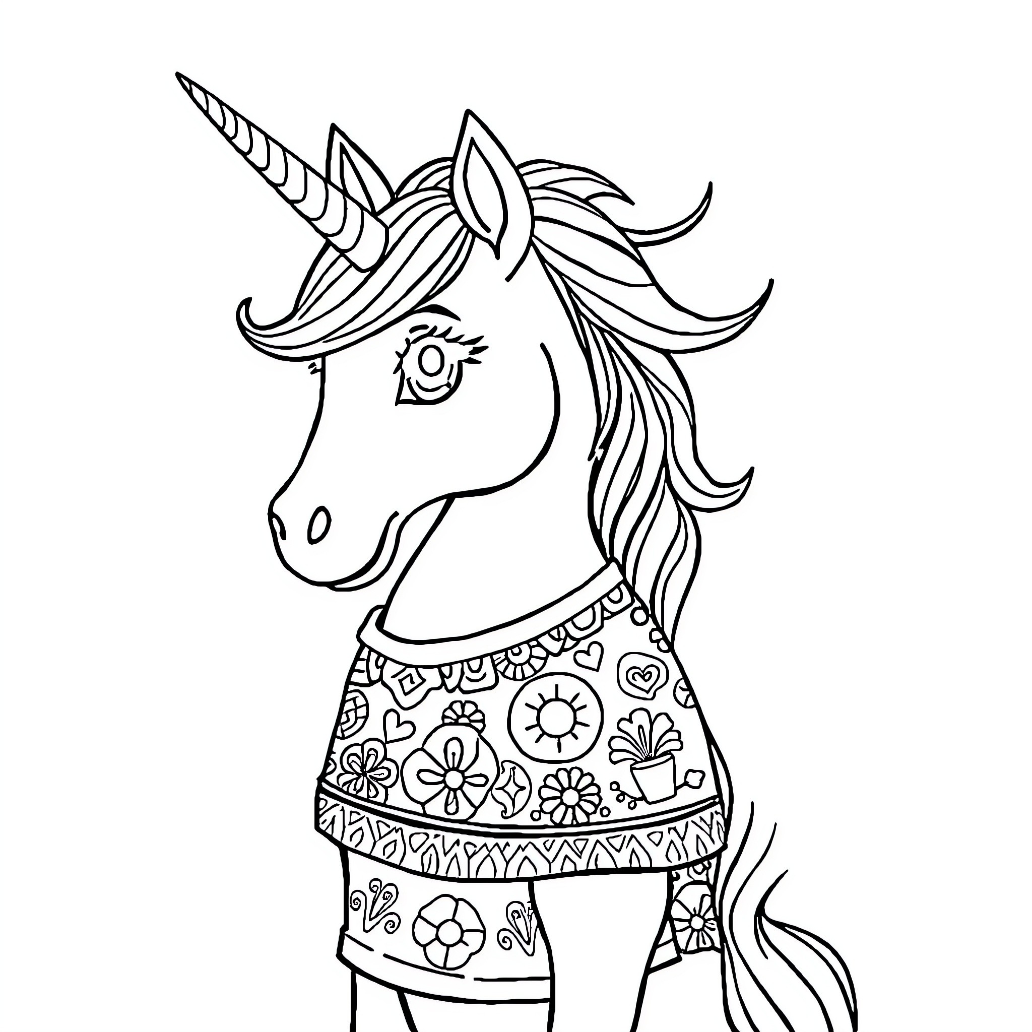 Unicorn with Floral Attire and Whimsical Expression Coloring Page (free black-and-white line drawing printable PDF for all, from beginners to advanced learners, including children, teens, adults, and seniors)