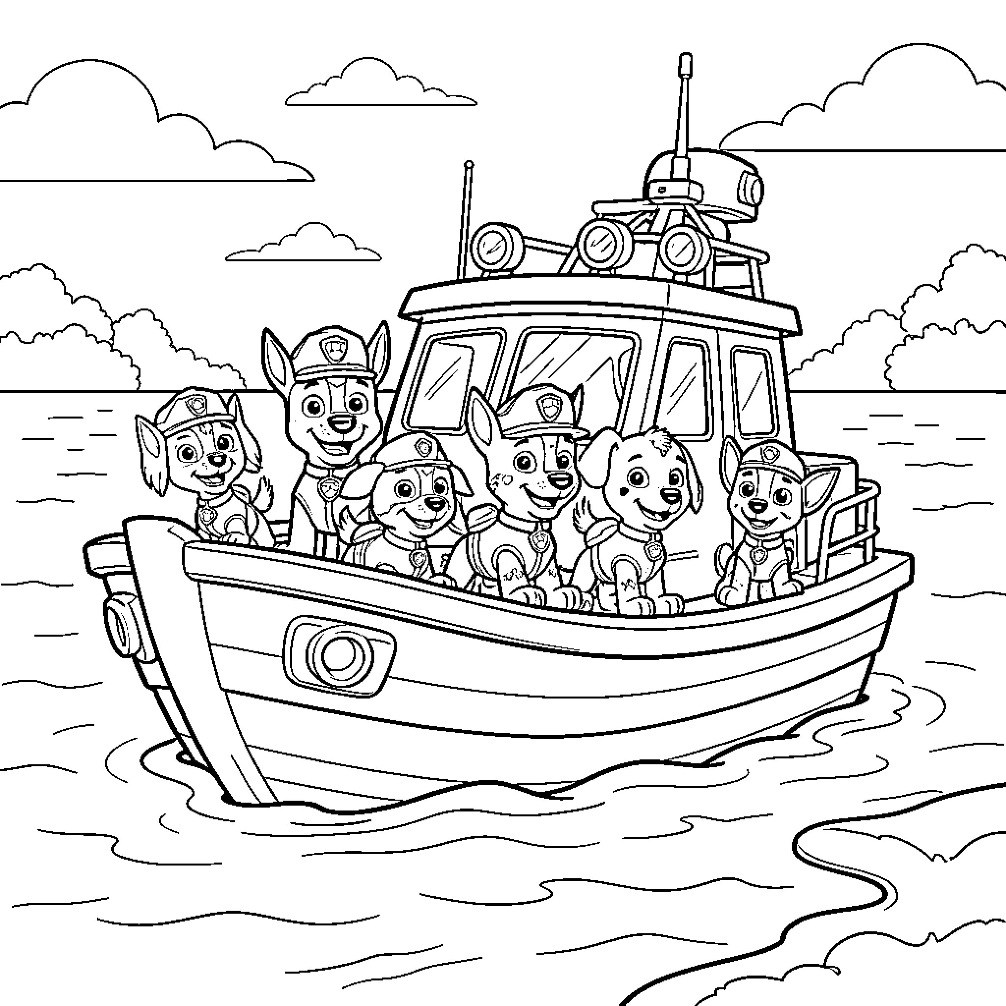 Paw Patrol pups riding together on a boat Coloring Page (free black-and-white line drawing printable PDF for all, from beginners to advanced learners, including children, teens, adults, and seniors)