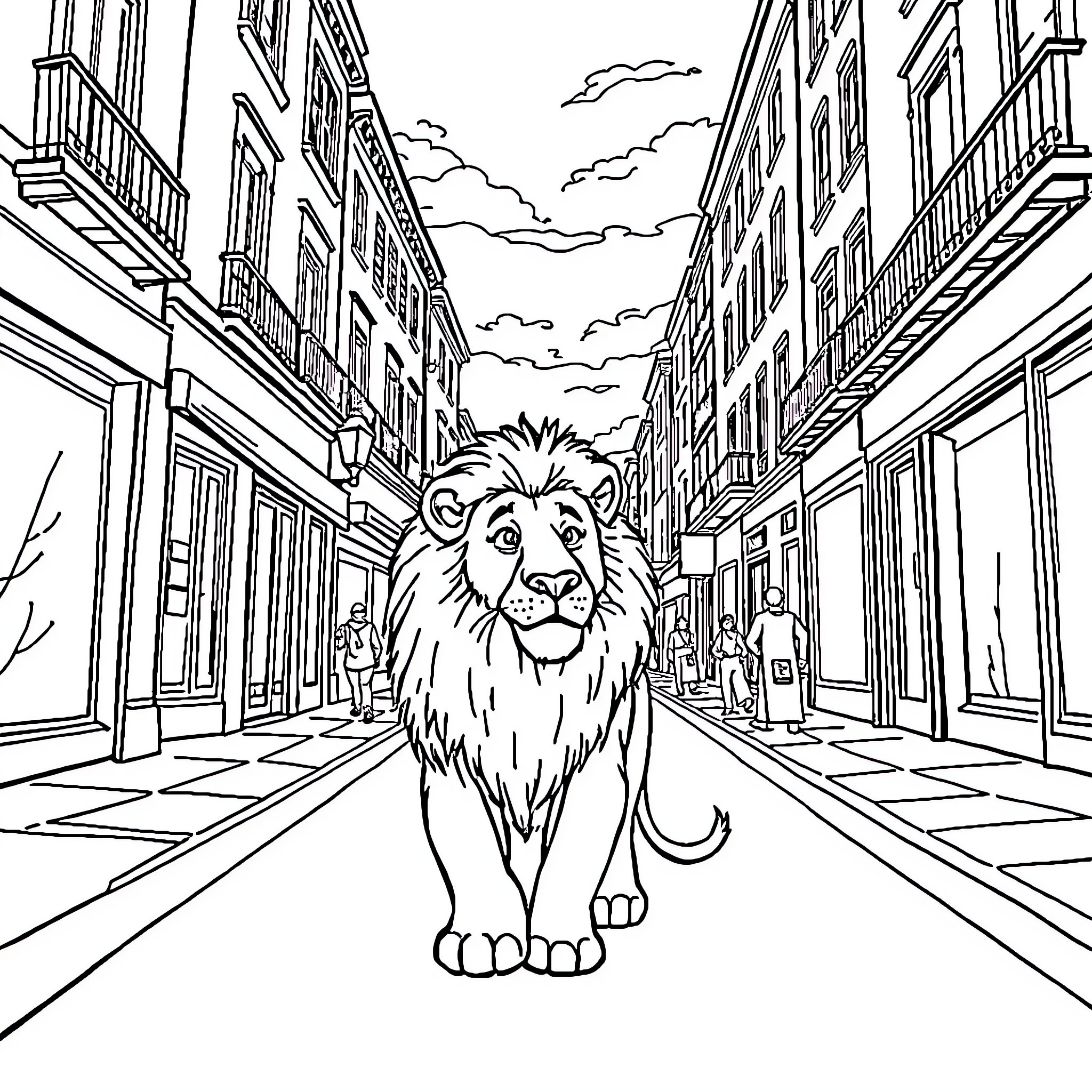 Lion roaming through the city streets Coloring Page (free black-and-white line drawing printable PDF for all, from beginners to advanced learners, including children, teens, adults, and seniors)