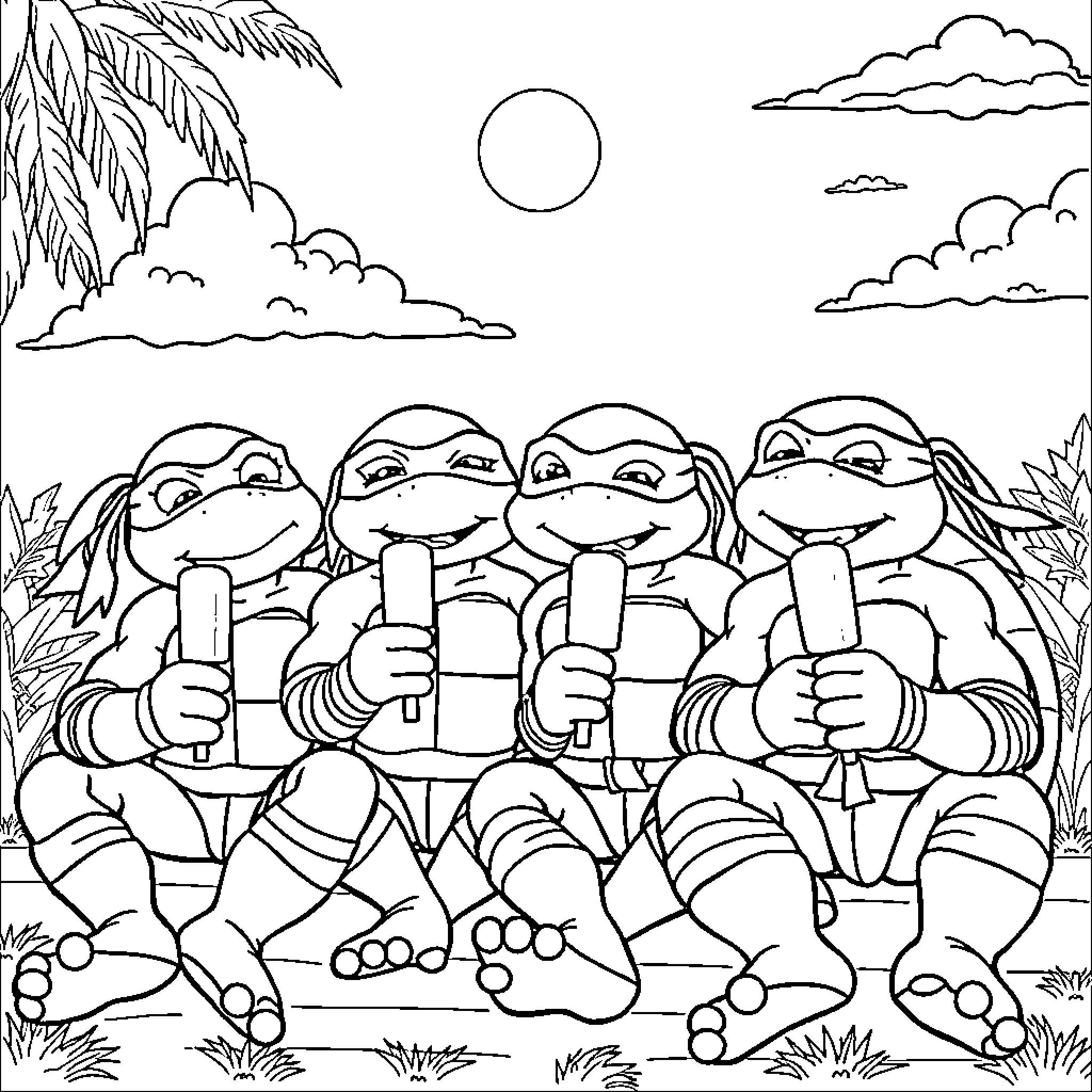 Teenage Mutant Ninja Turtles relaxing in the outdoors Coloring Page (free black-and-white line drawing printable PDF for all, from beginners to advanced learners, including children, teens, adults, and seniors)