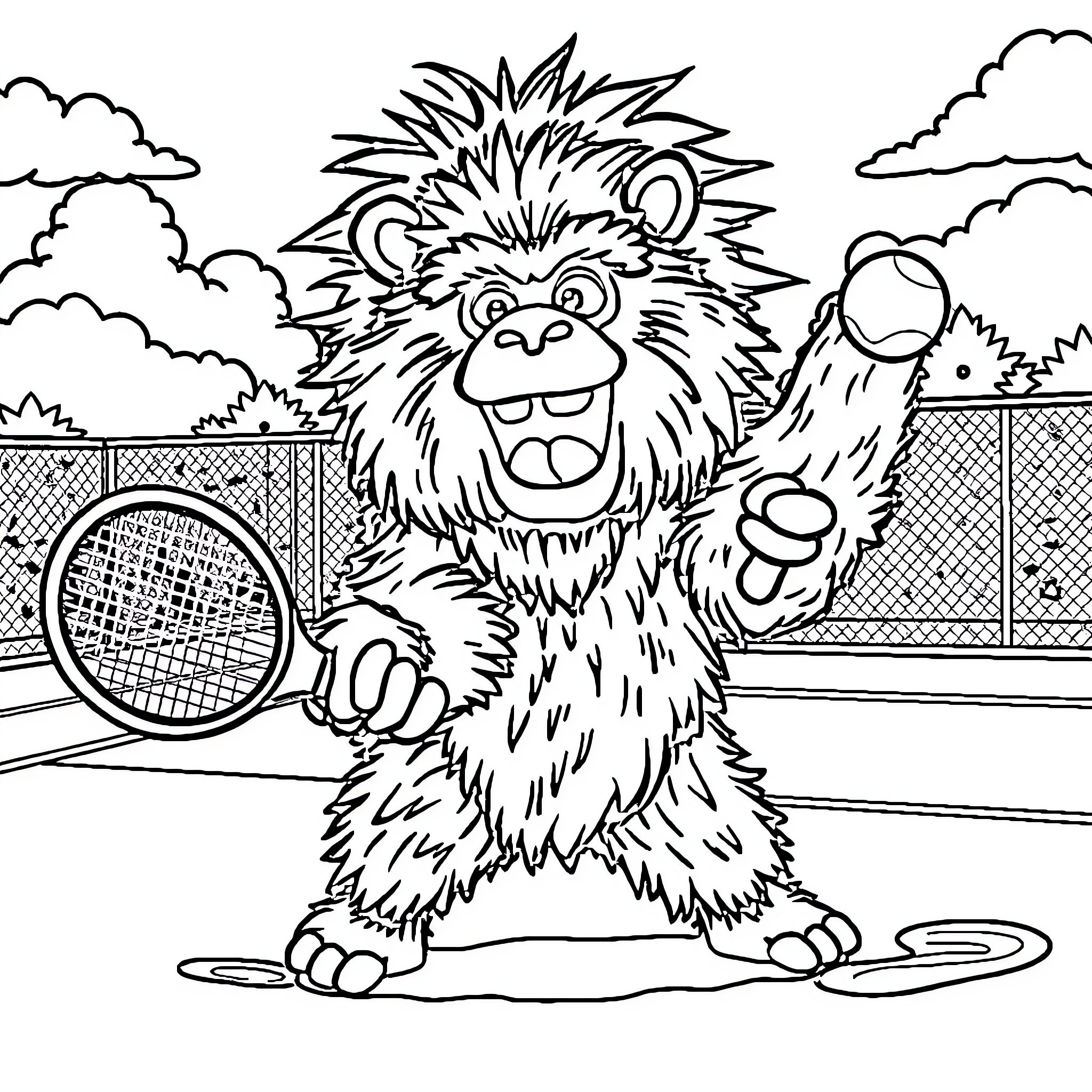 Yeti playing tennis happily on the court Coloring Page (free black-and-white line drawing printable PDF for all, from beginners to advanced learners, including children, teens, adults, and seniors)