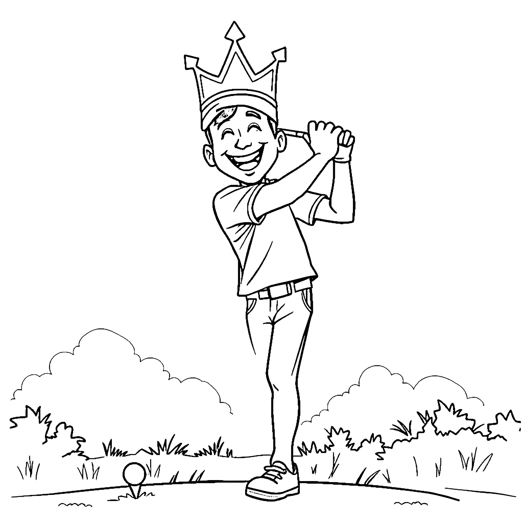 Guy in crown happily waving in nature Coloring Page (free black-and-white line drawing printable PDF for all, from beginners to advanced learners, including children, teens, adults, and seniors)
