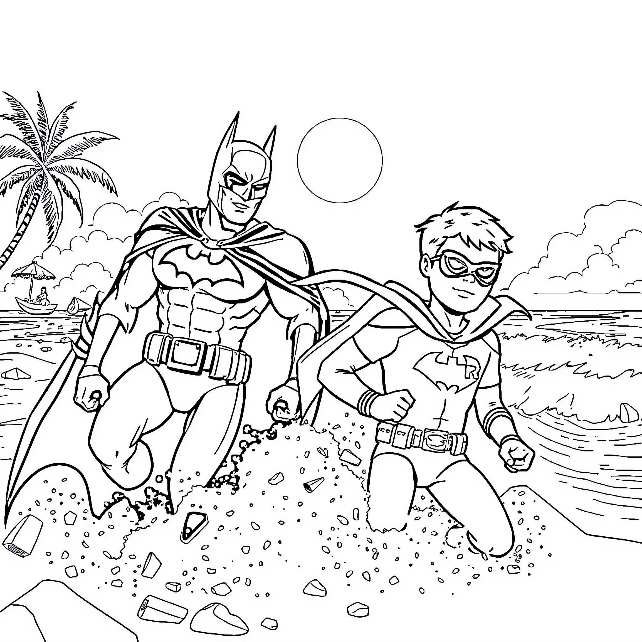 Batman and Robin on a beach adventure Coloring Page (free black-and-white line drawing printable PDF for all, from beginners to advanced learners, including children, teens, adults, and seniors)