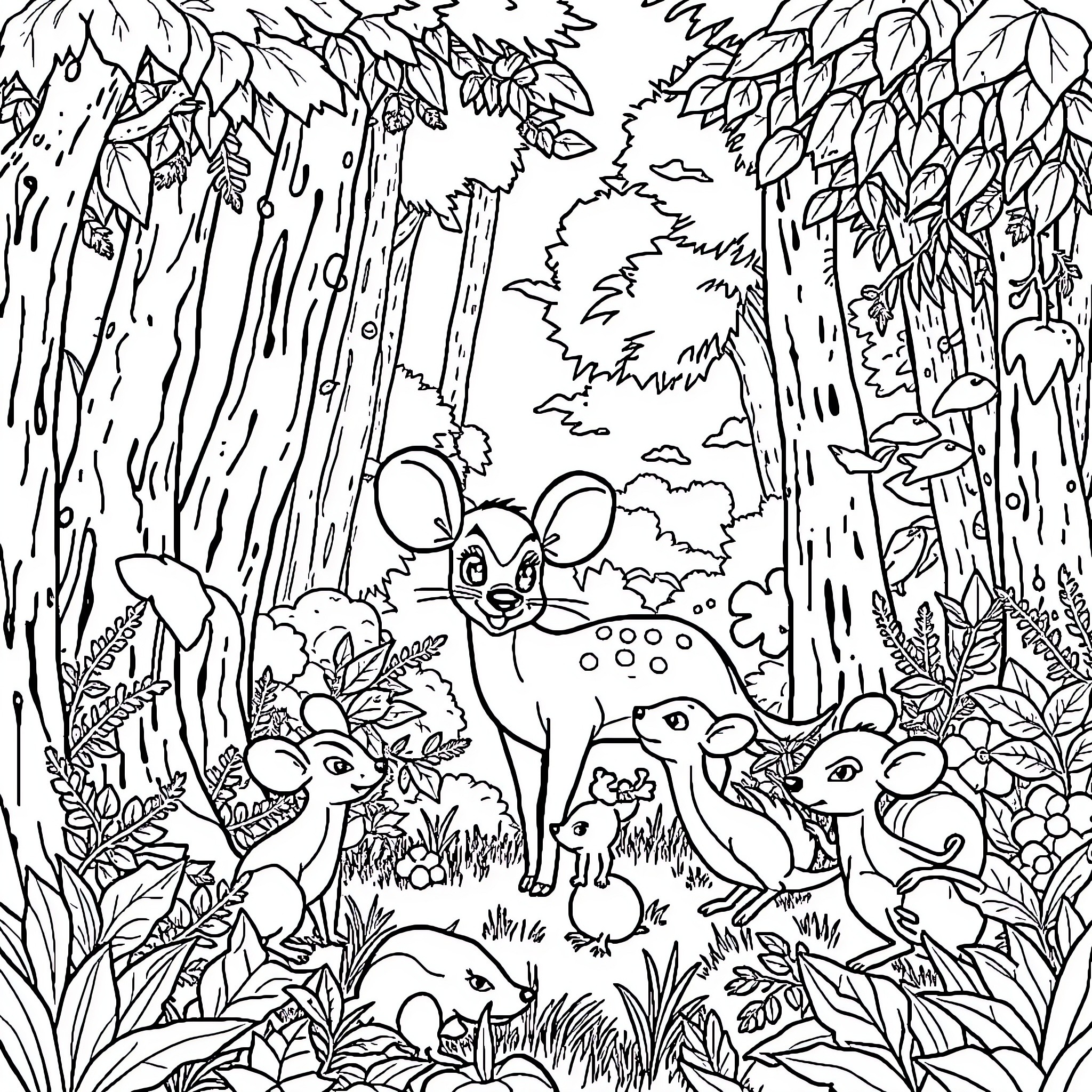 Mouse Deer Exploring the Lush Forest Coloring Page (free black-and-white line drawing printable PDF for all, from beginners to advanced learners, including children, teens, adults, and seniors)