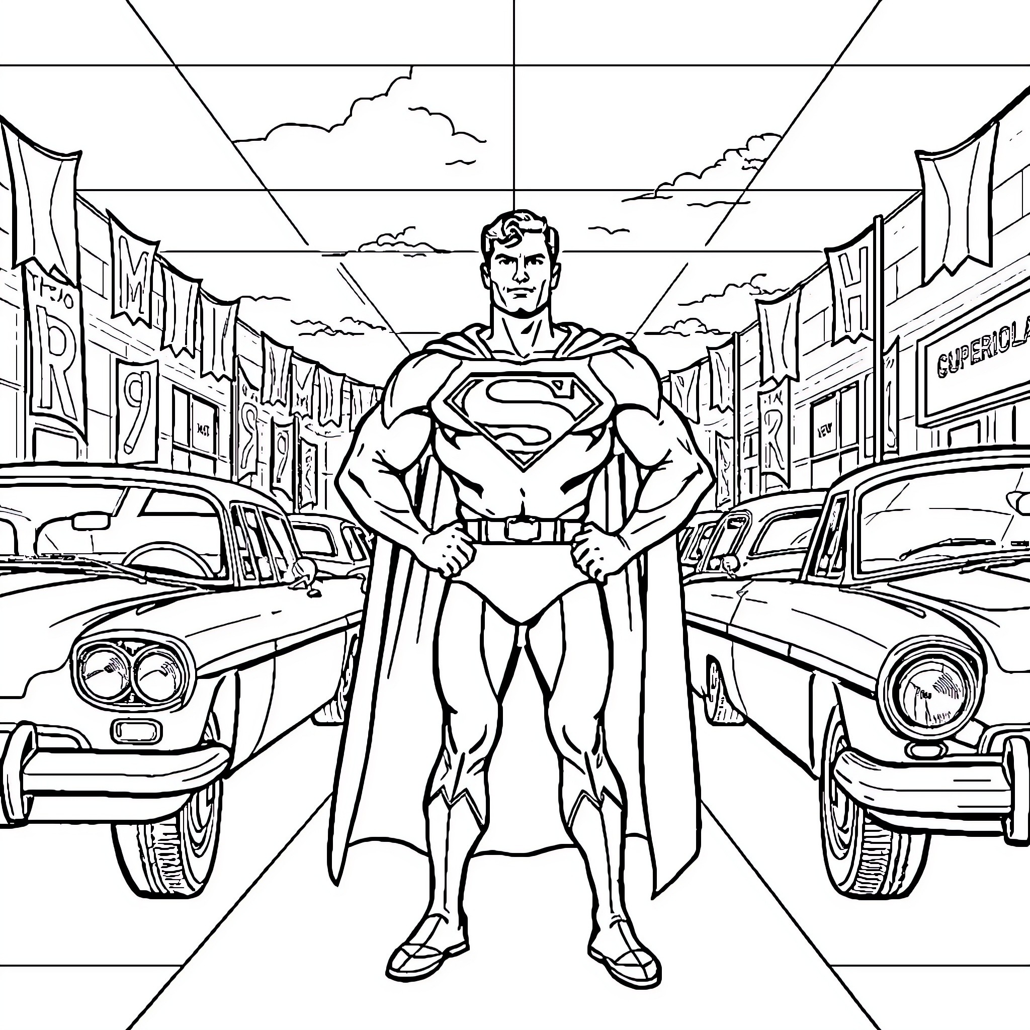 Superman standing heroically in a city street Coloring Page (free black-and-white line drawing printable PDF for all, from beginners to advanced learners, including children, teens, adults, and seniors)
