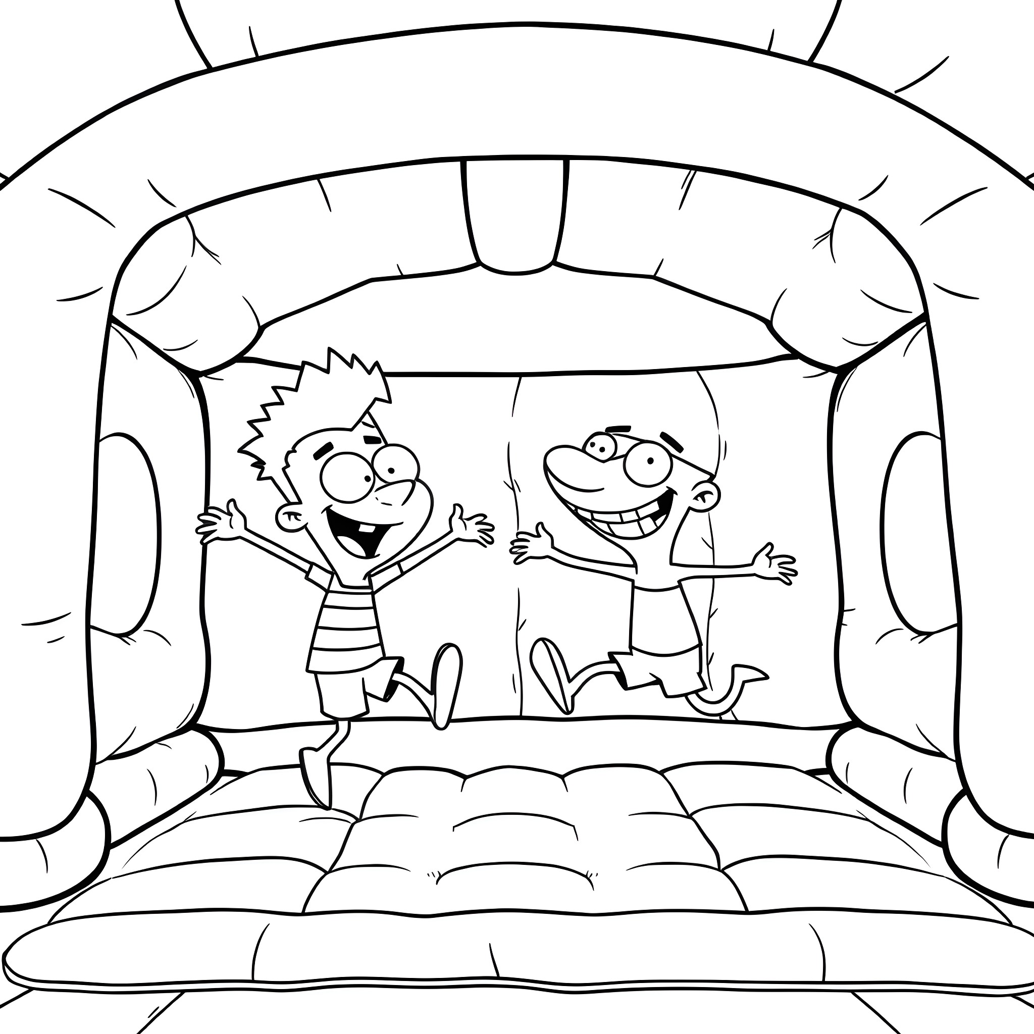 Phineas and Ferb Performing on Stage Coloring Page (free black-and-white line drawing printable PDF for all, from beginners to advanced learners, including children, teens, adults, and seniors)