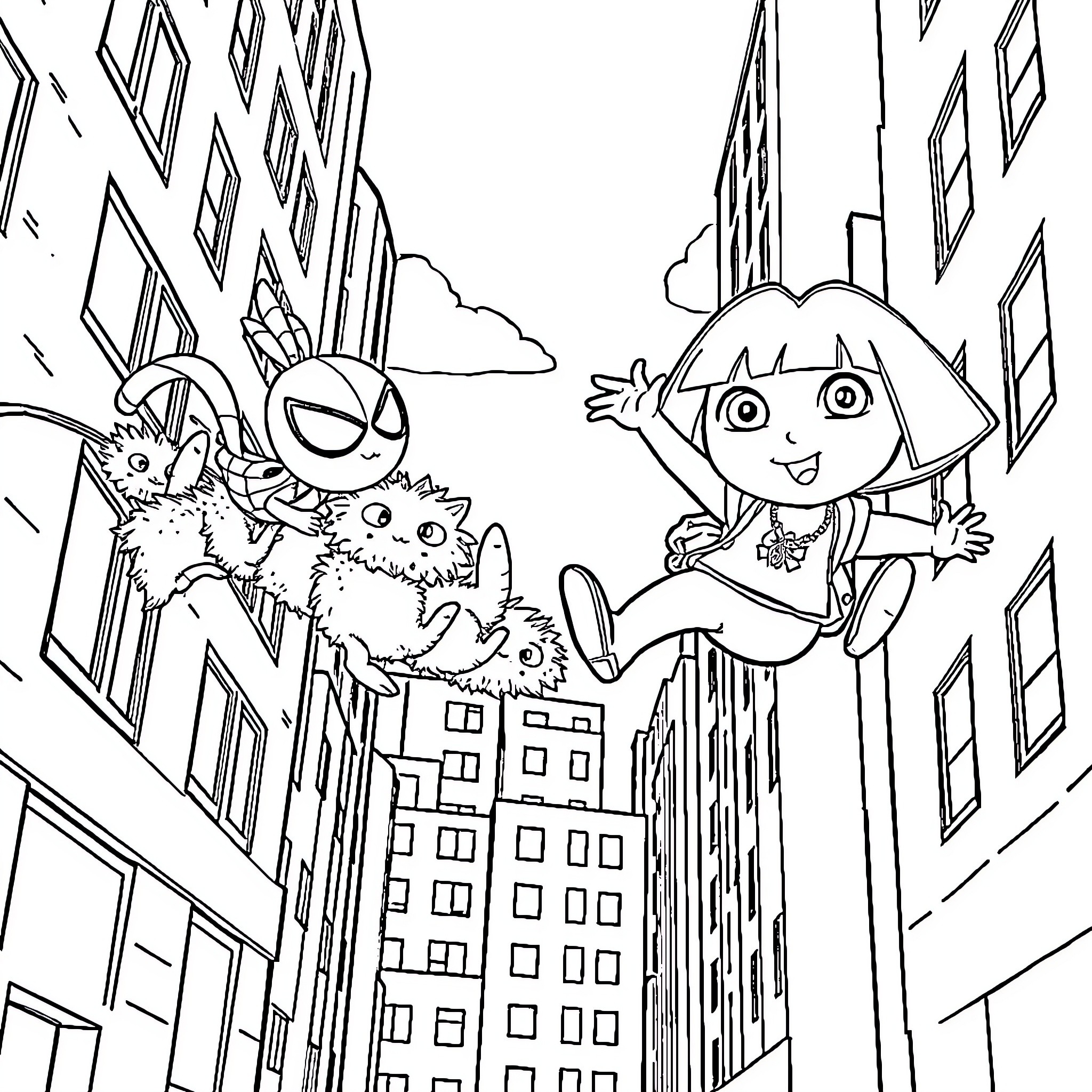 Dora and Swiper on an adventure in the city Coloring Page (free black-and-white line drawing printable PDF for all, from beginners to advanced learners, including children, teens, adults, and seniors)