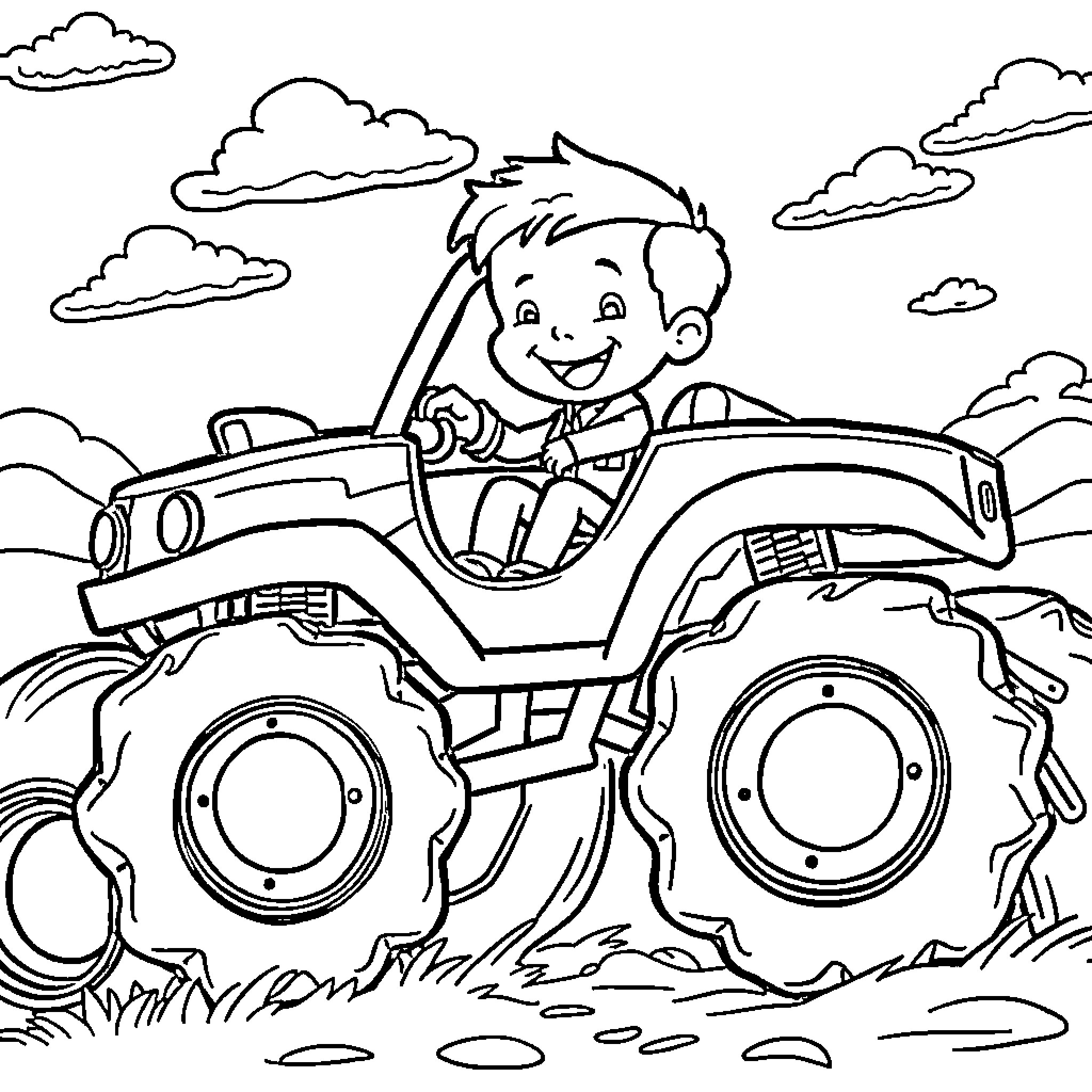 Boy driving off-road vehicle on outdoor adventure Coloring Page (free black-and-white line drawing printable PDF for all, from beginners to advanced learners, including children, teens, adults, and seniors)