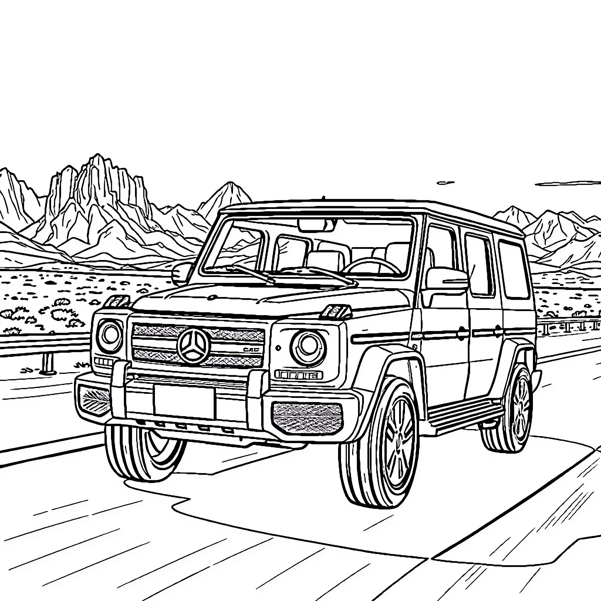 SUV driving on desert road surrounded by mountains Coloring Page (free black-and-white line drawing printable PDF for all, from beginners to advanced learners, including children, teens, adults, and seniors)