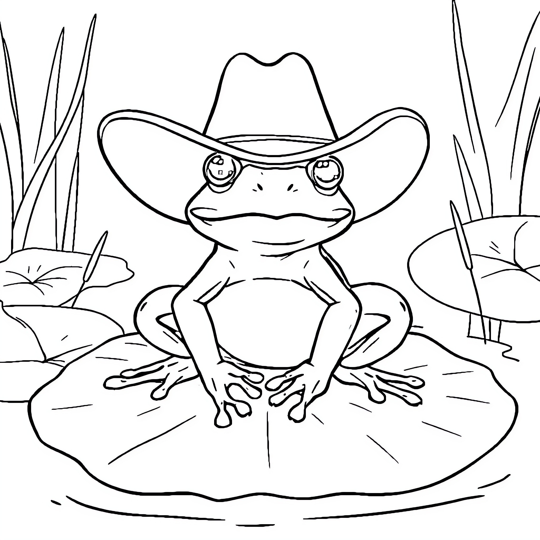Frog Wearing Cowboy Hat in Swampy Scene Coloring Page (free black-and-white line drawing printable PDF for all, from beginners to advanced learners, including children, teens, adults, and seniors)