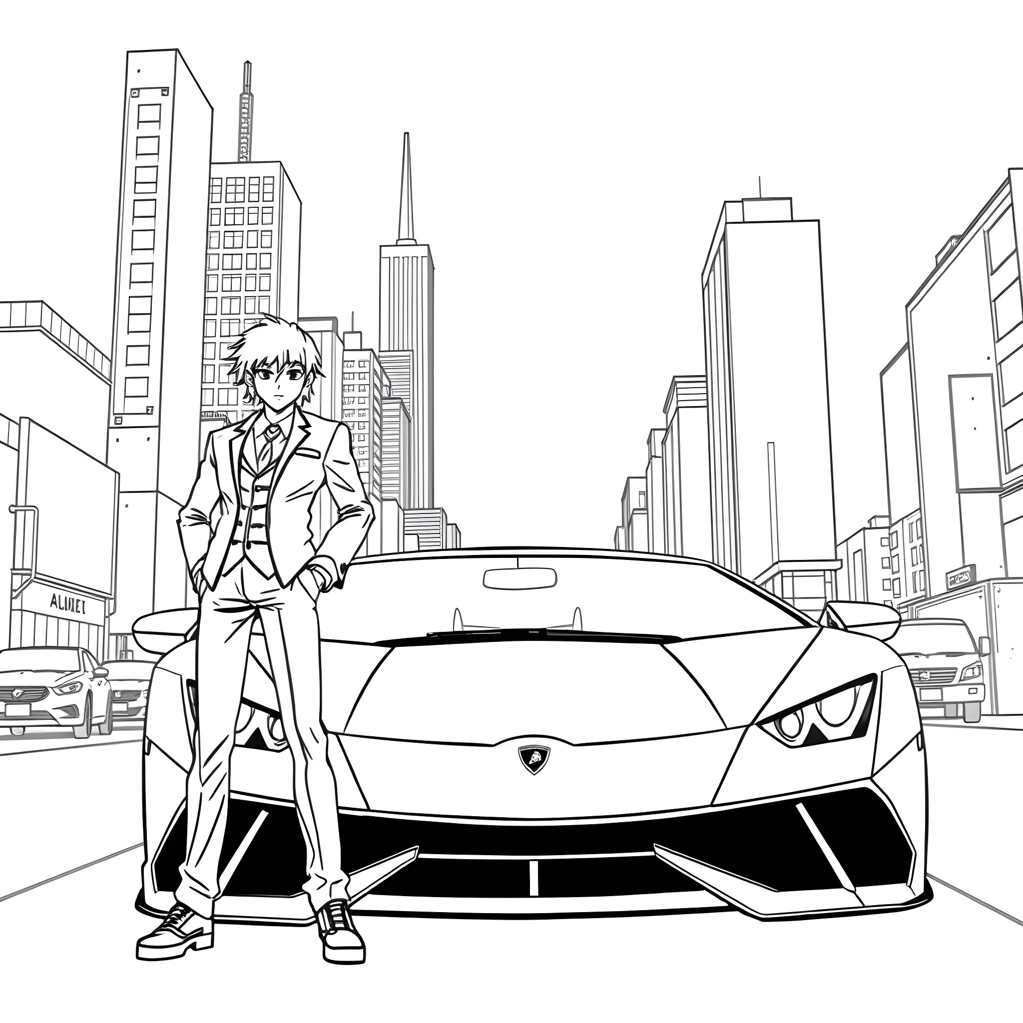 Ichigo in the city with a sports car Coloring Page (free black-and-white line drawing printable PDF for all, from beginners to advanced learners, including children, teens, adults, and seniors)