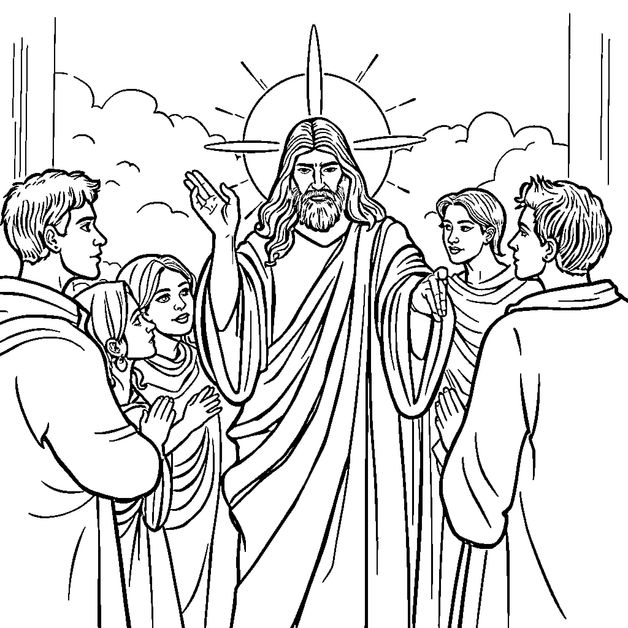 God's Blessings Upon the Faithful Followers Coloring Page (free black-and-white line drawing printable PDF for all, from beginners to advanced learners, including children, teens, adults, and seniors)