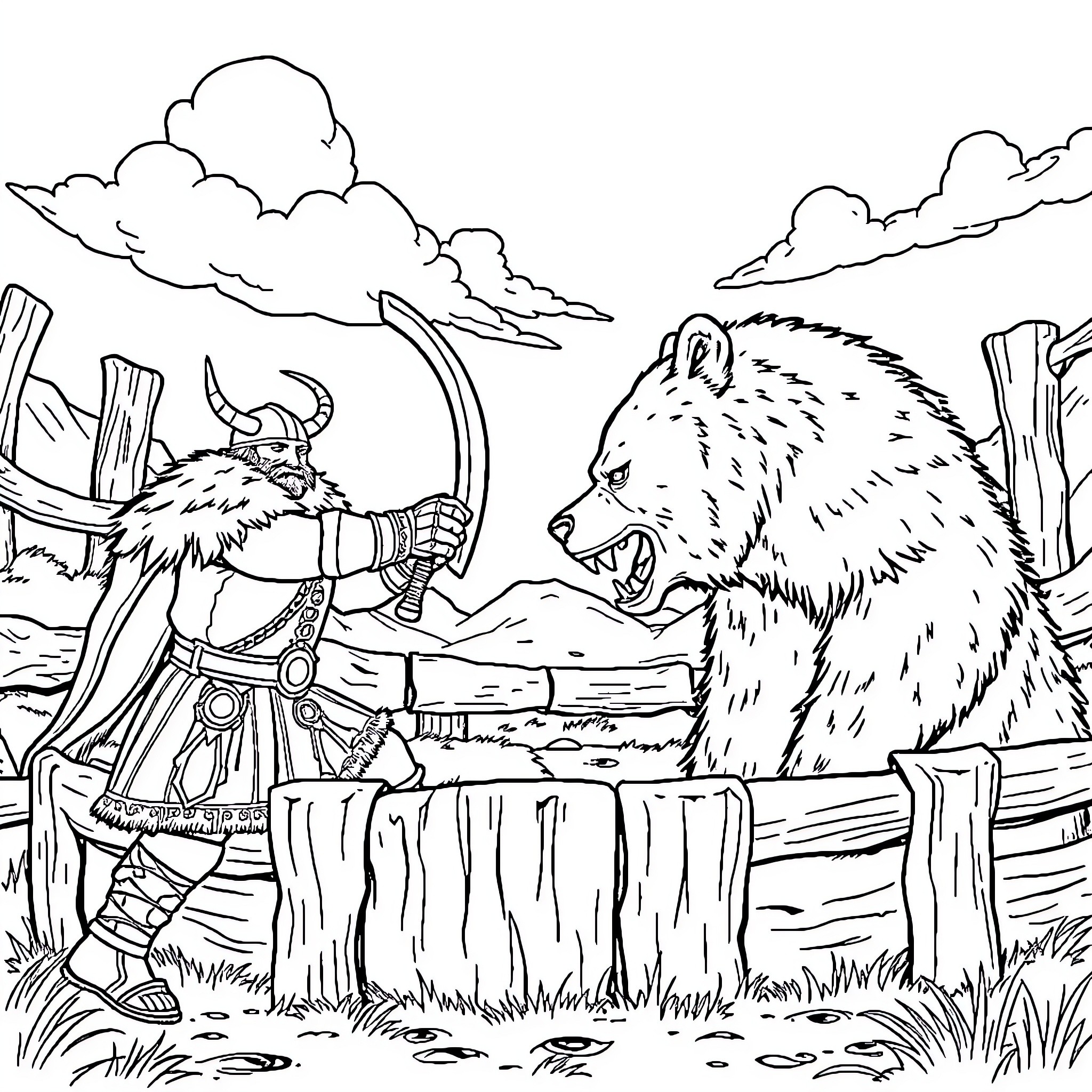 Viking battles a fierce bear in the wilderness Coloring Page (free black-and-white line drawing printable PDF for all, from beginners to advanced learners, including children, teens, adults, and seniors)