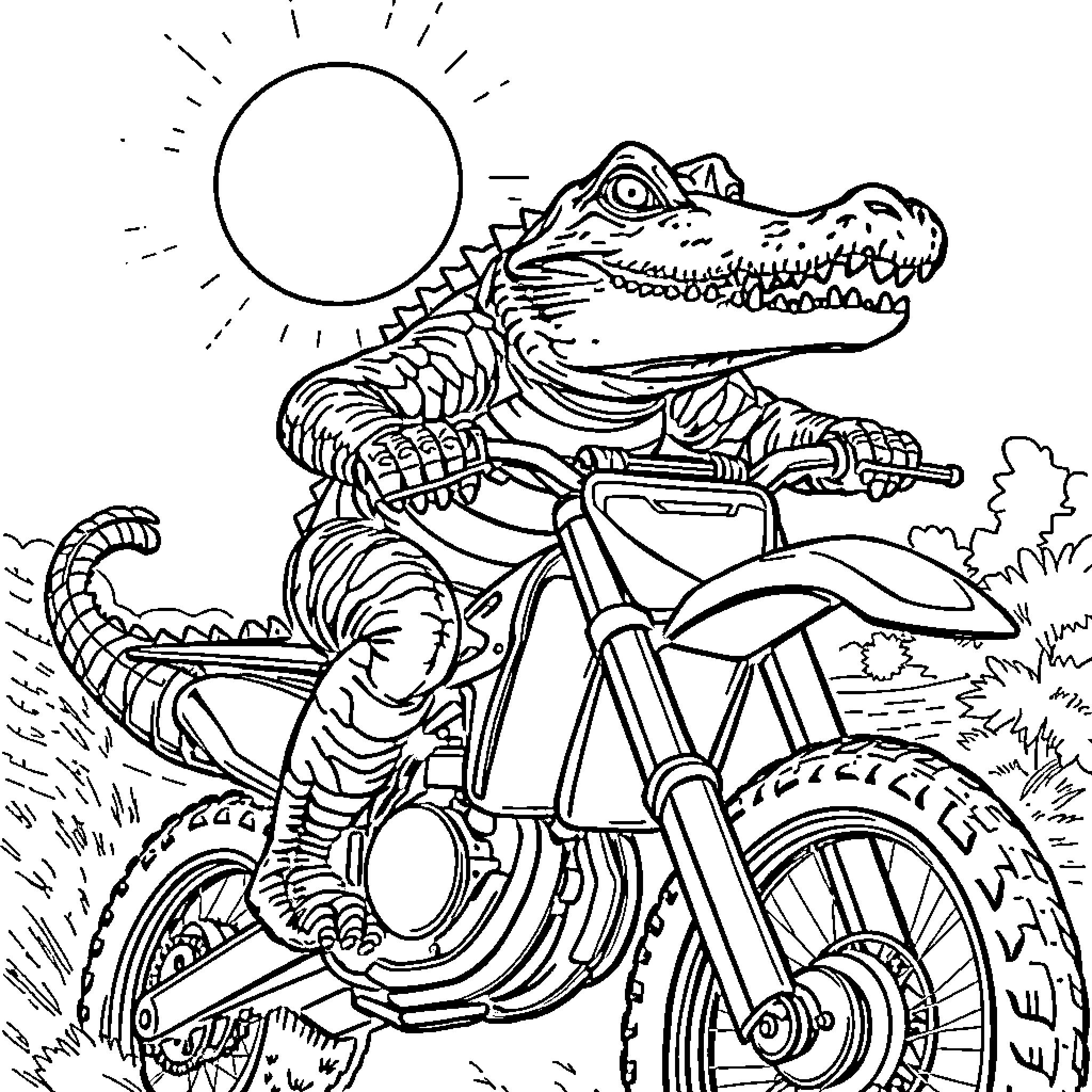Alligator riding a motorcycle through the countryside Coloring Page (free black-and-white line drawing printable PDF for all, from beginners to advanced learners, including children, teens, adults, and seniors)