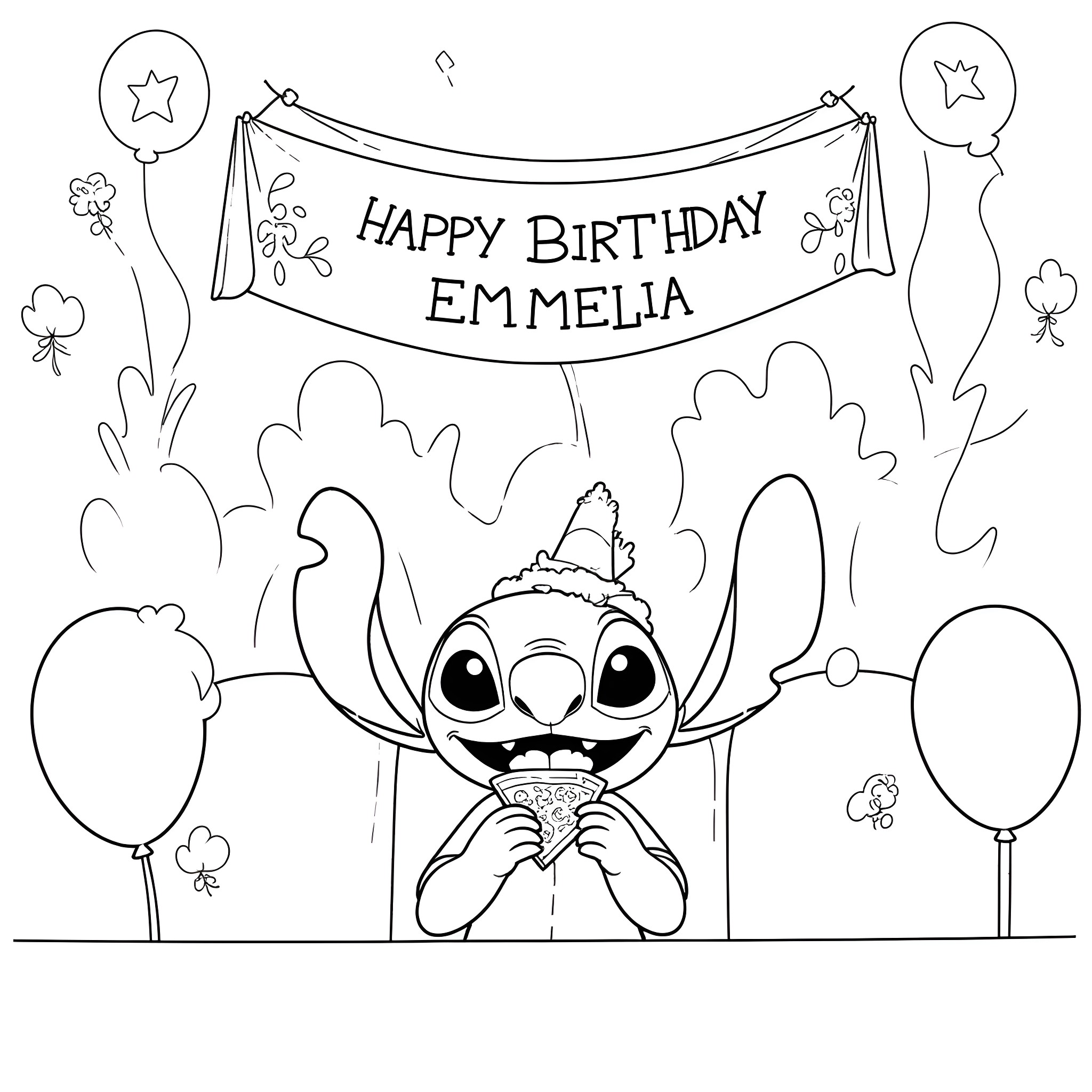 Stitch celebrates Emmelia's birthday with balloons and a banner Coloring Page (free black-and-white line drawing printable PDF for all, from beginners to advanced learners, including children, teens, adults, and seniors)