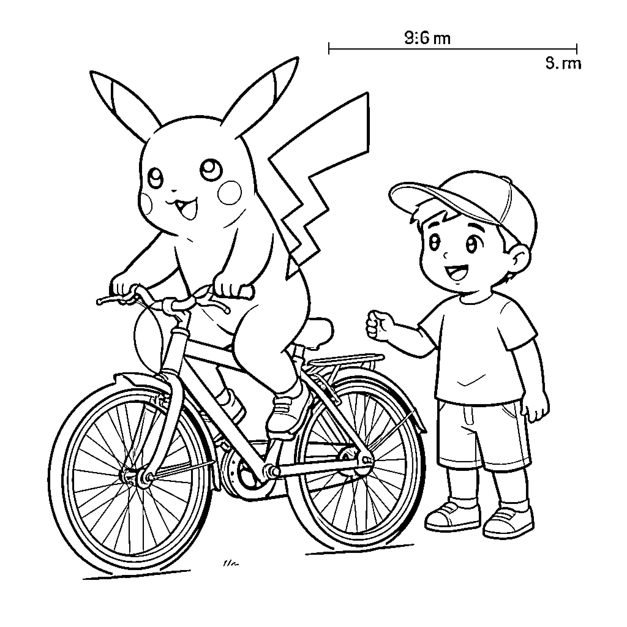 Pikachu riding a bicycle while a boy watches Coloring Page (free black-and-white line drawing printable PDF for all, from beginners to advanced learners, including children, teens, adults, and seniors)