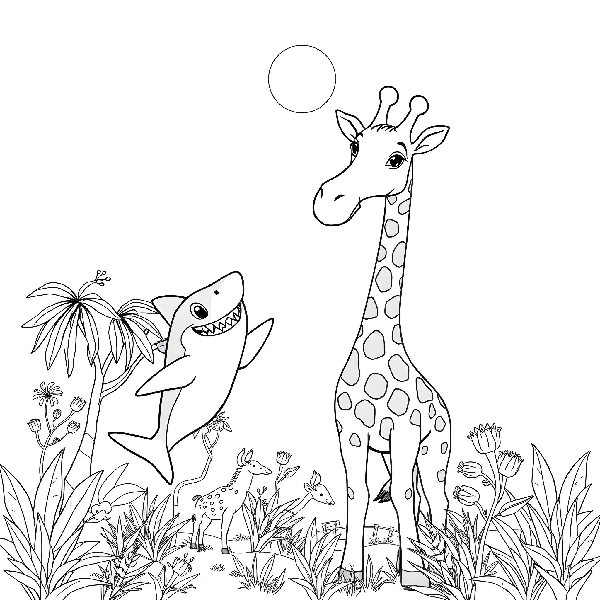 Sharkboy explores the jungle with a giraffe friend Coloring Page (free black-and-white line drawing printable PDF for all, from beginners to advanced learners, including children, teens, adults, and seniors)