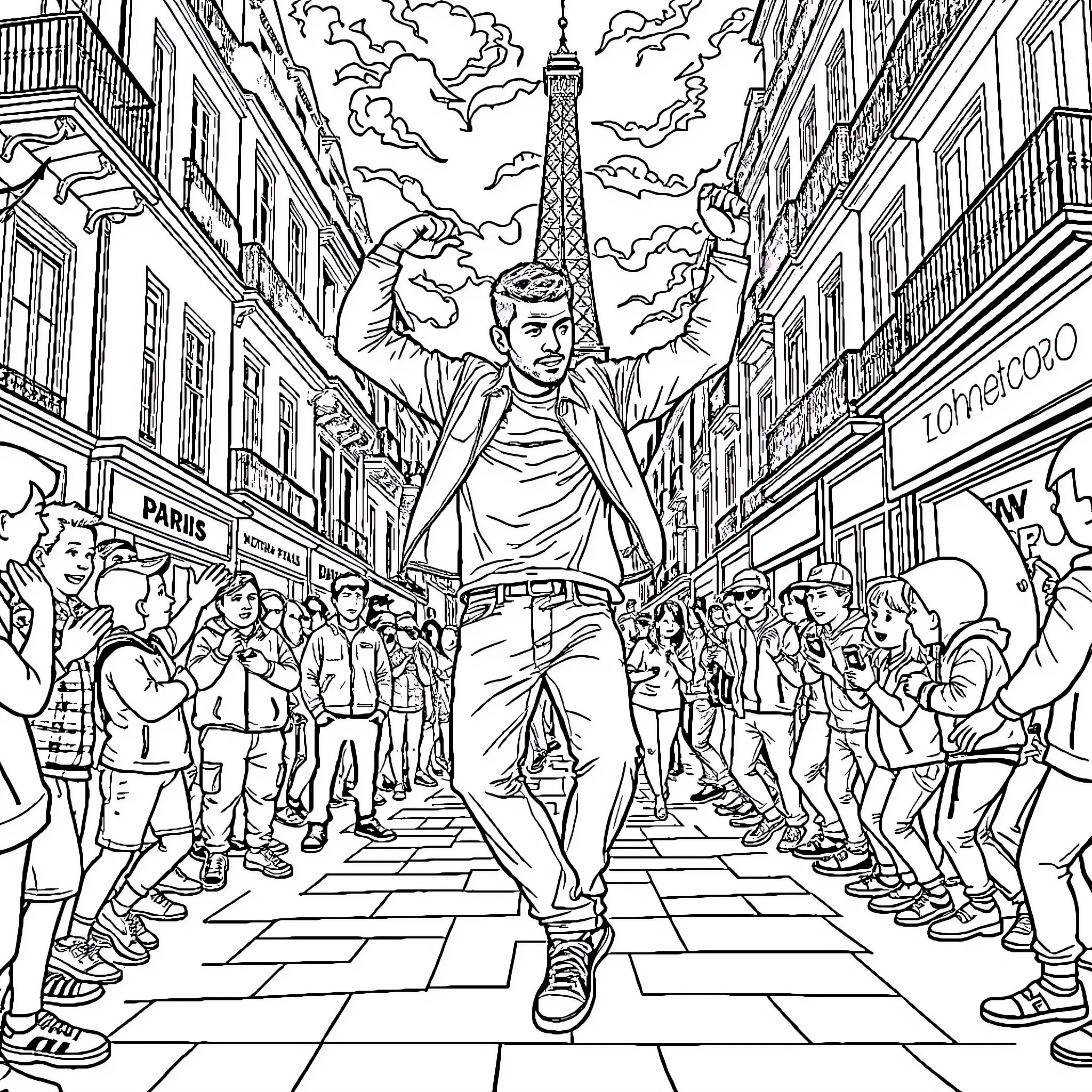 John Cena poses confidently in front of Eiffel Tower Coloring Page (free black-and-white line drawing printable PDF for all, from beginners to advanced learners, including children, teens, adults, and seniors)