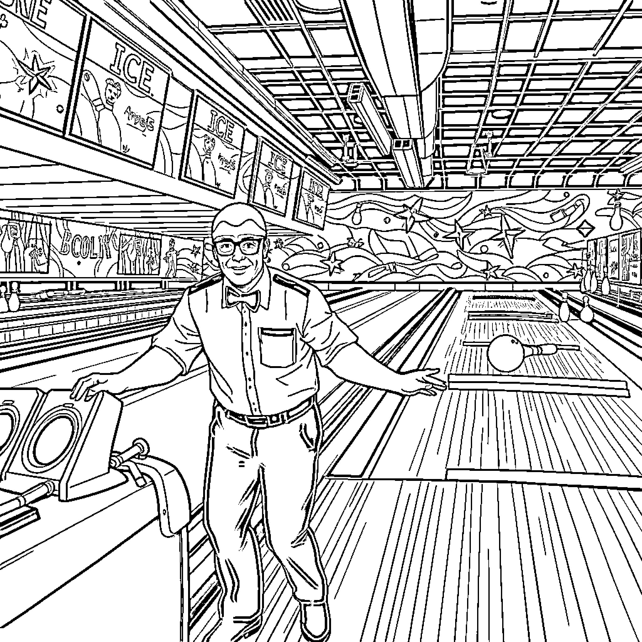 Ice Agent Bowling in a Retro-Styled Alley Coloring Page (free black-and-white line drawing printable PDF for all, from beginners to advanced learners, including children, teens, adults, and seniors)