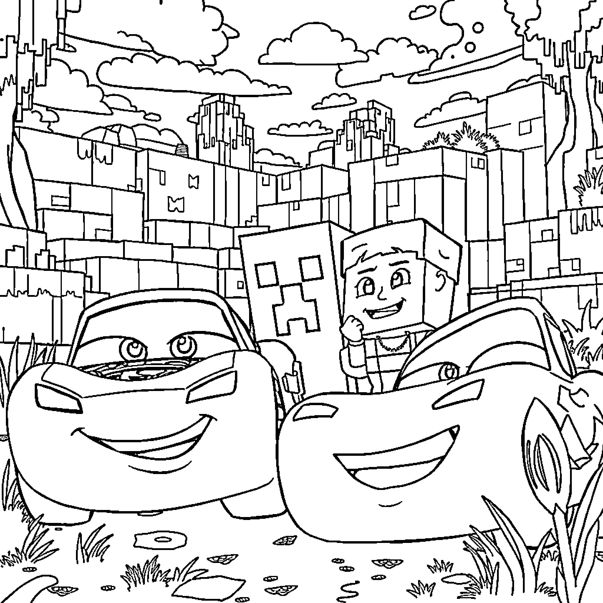 Lightning McQueen and friends explore the city Coloring Page (free black-and-white line drawing printable PDF for all, from beginners to advanced learners, including children, teens, adults, and seniors)