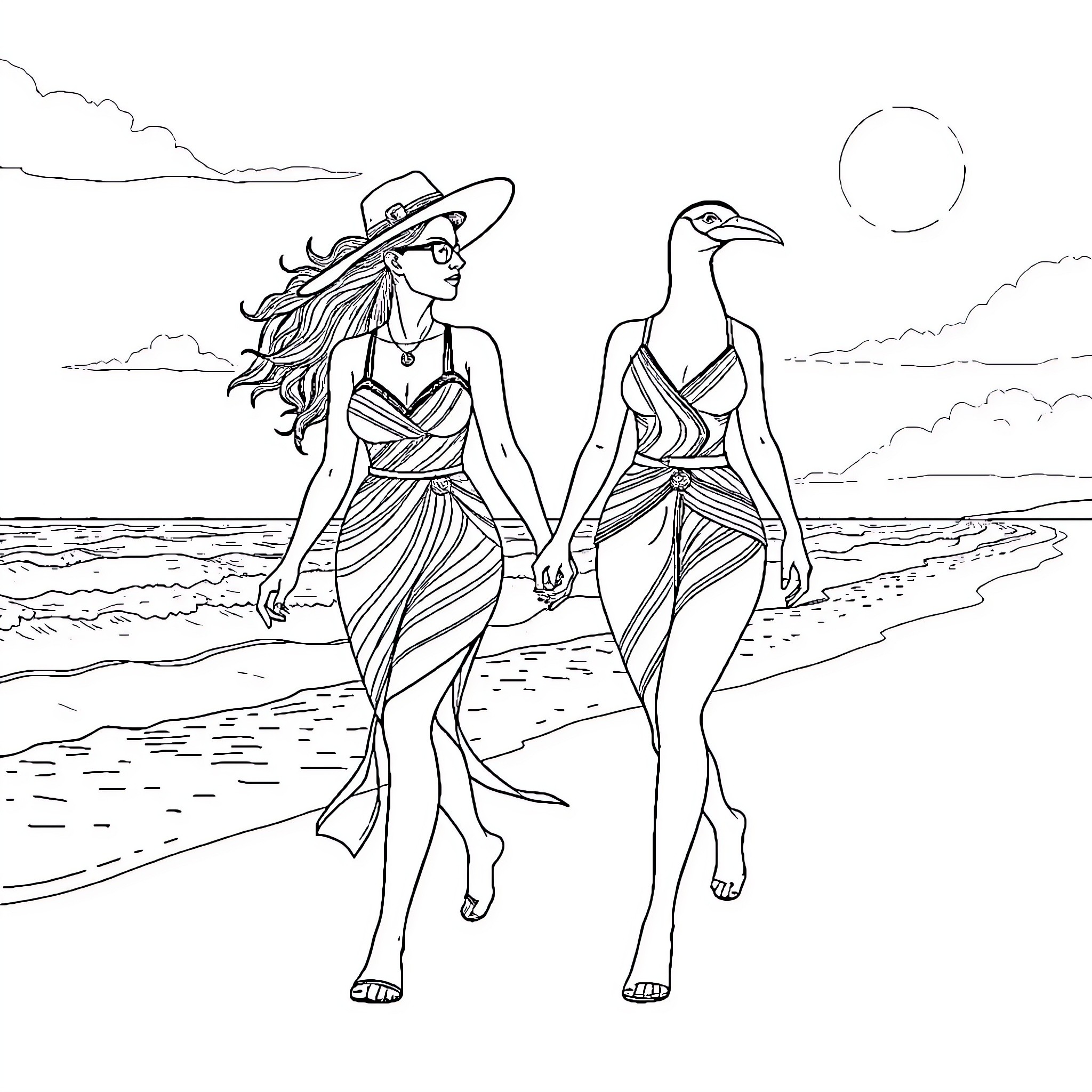 Wonder Woman friends walking on the beach Coloring Page (free black-and-white line drawing printable PDF for all, from beginners to advanced learners, including children, teens, adults, and seniors)