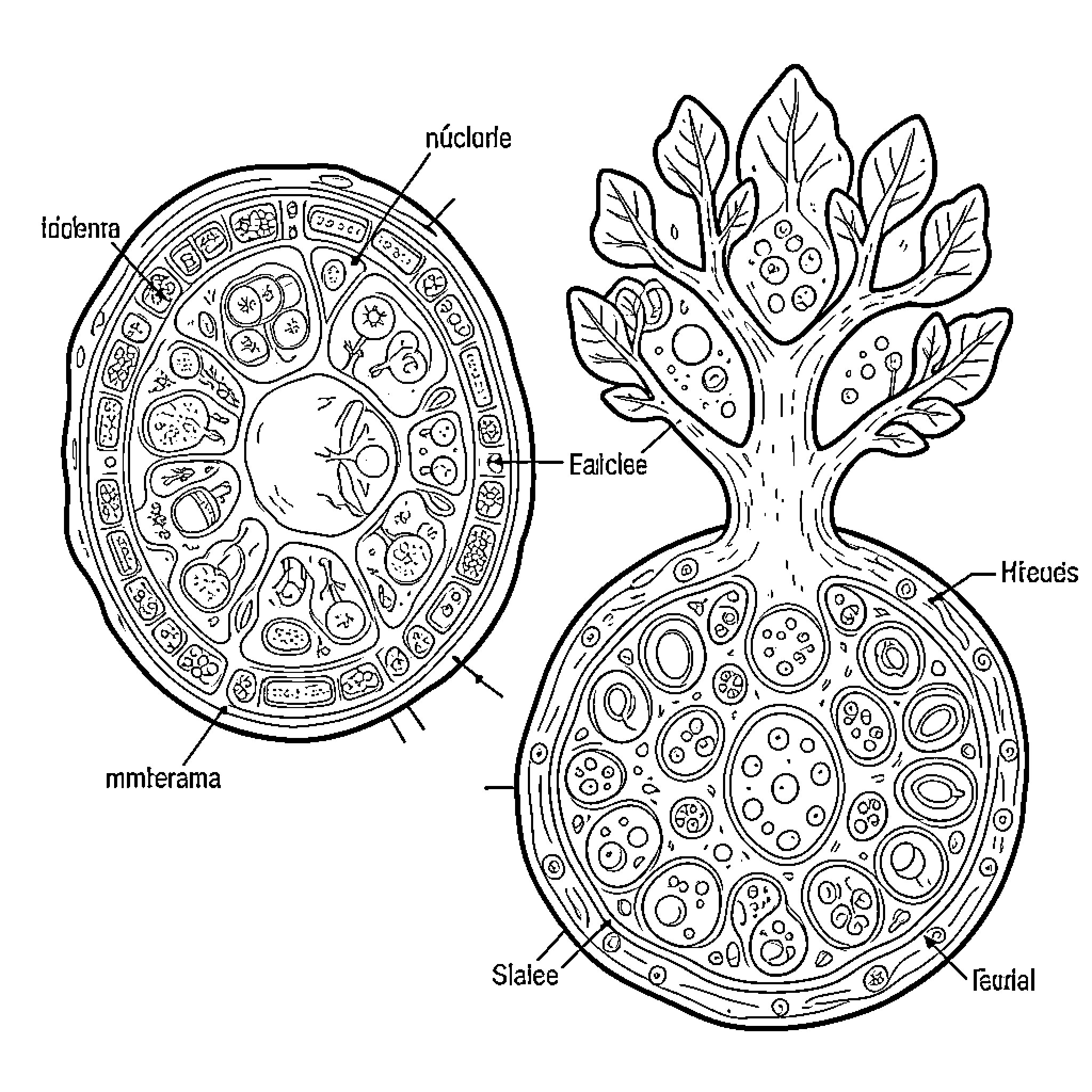 Cell Structure and Components Illustration Coloring Page (free black-and-white line drawing printable PDF for all, from beginners to advanced learners, including children, teens, adults, and seniors)