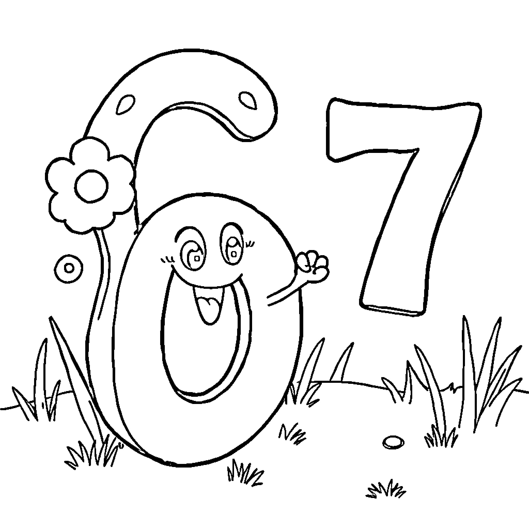 Game with cheerful number character in nature Coloring Page (free black-and-white line drawing printable PDF for all, from beginners to advanced learners, including children, teens, adults, and seniors)