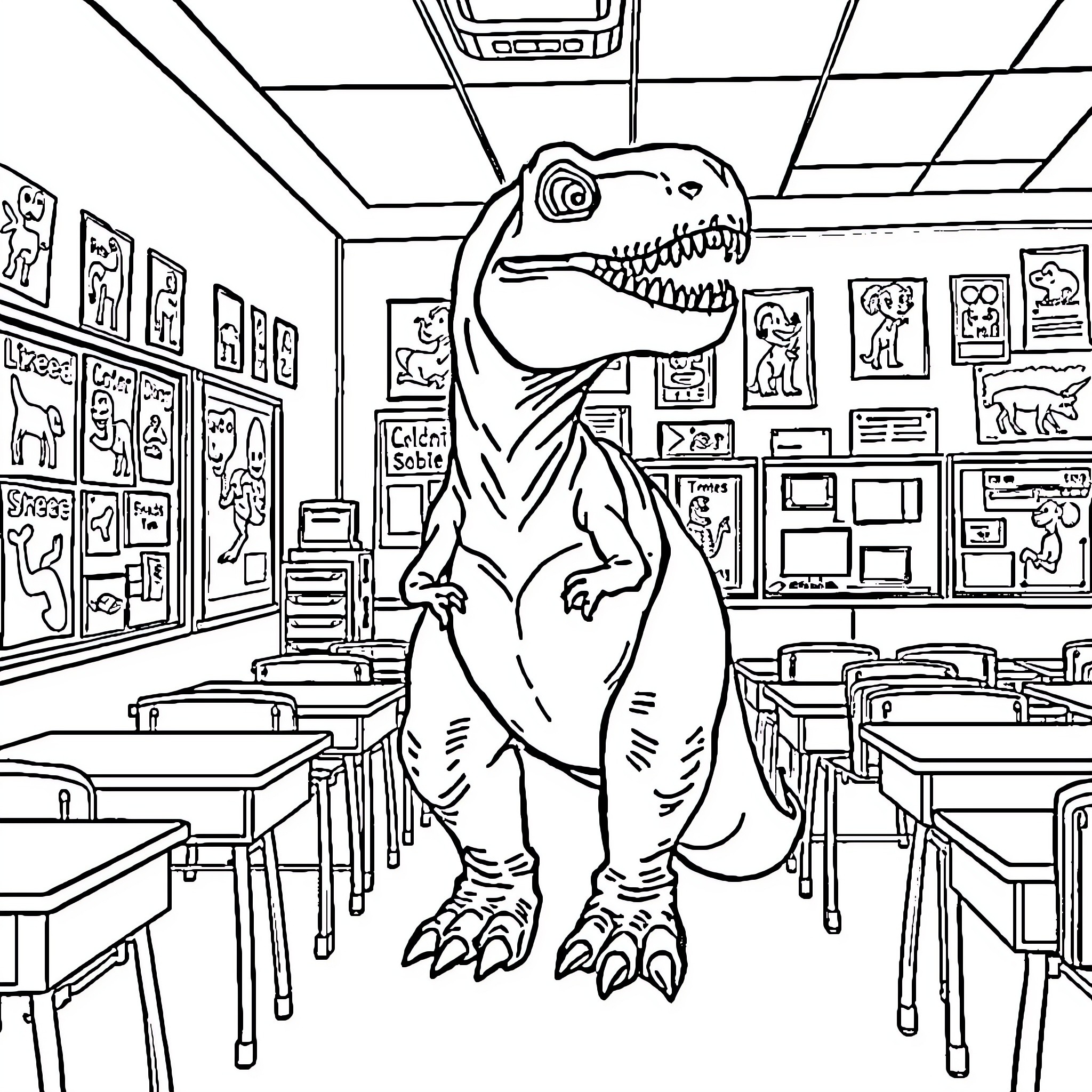 T-Rex exploring the classroom Coloring Page (free black-and-white line drawing printable PDF for all, from beginners to advanced learners, including children, teens, adults, and seniors)