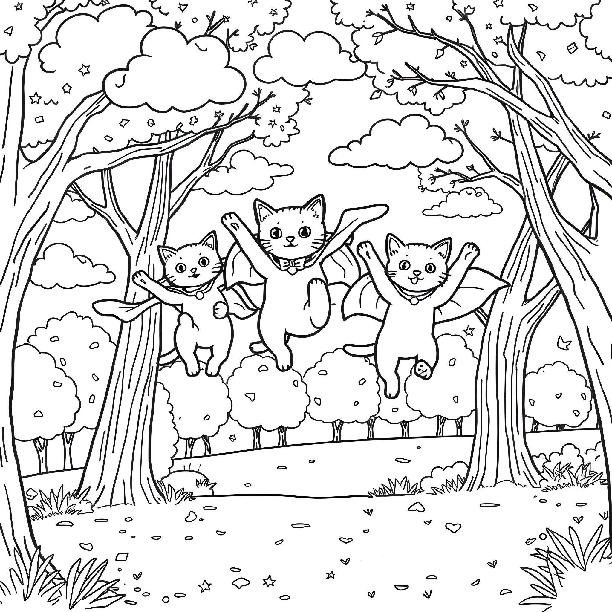 Kitty trio playing joyfully in the enchanted forest Coloring Page (free black-and-white line drawing printable PDF for all, from beginners to advanced learners, including children, teens, adults, and seniors)
